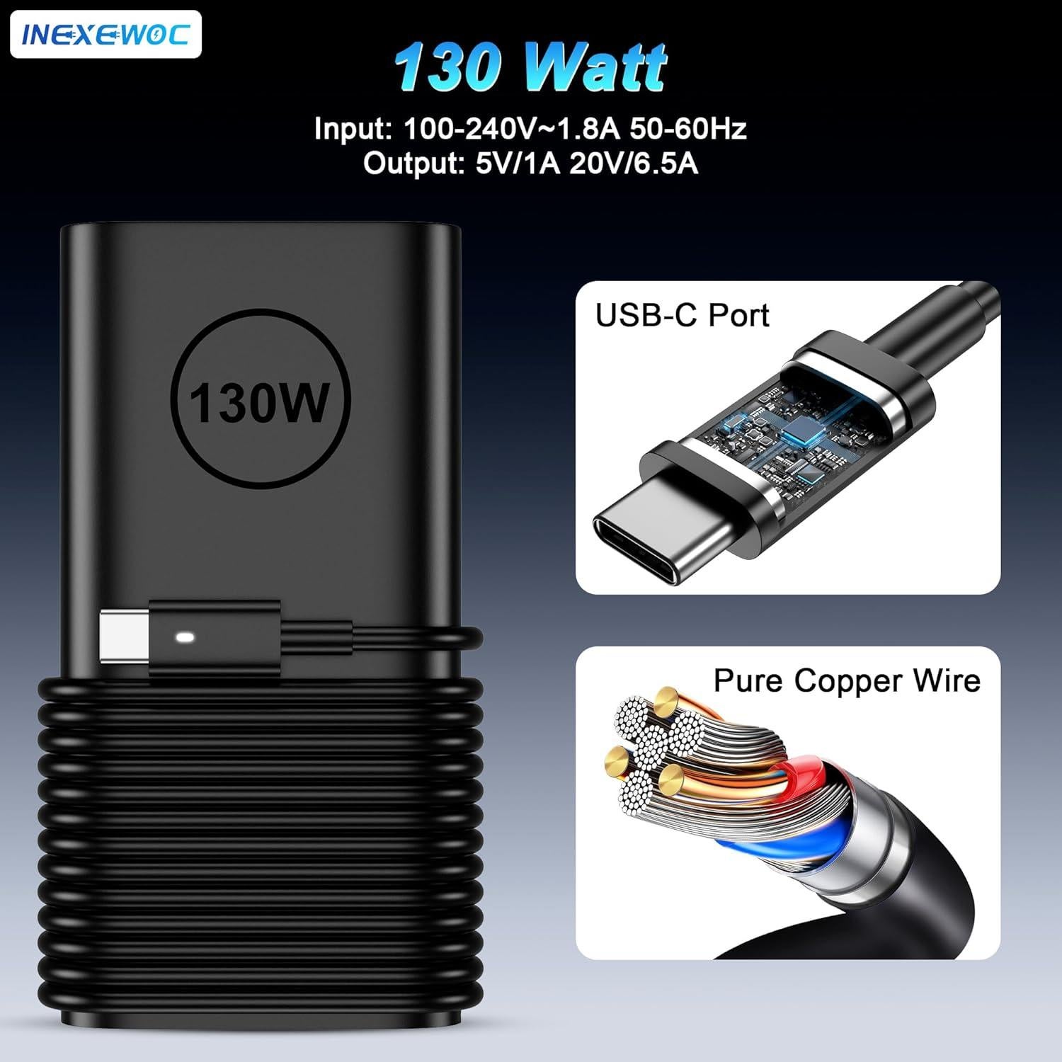 Cargador USB C 130W INEXEWOC para Laptop Dell XPS Precision Latitude