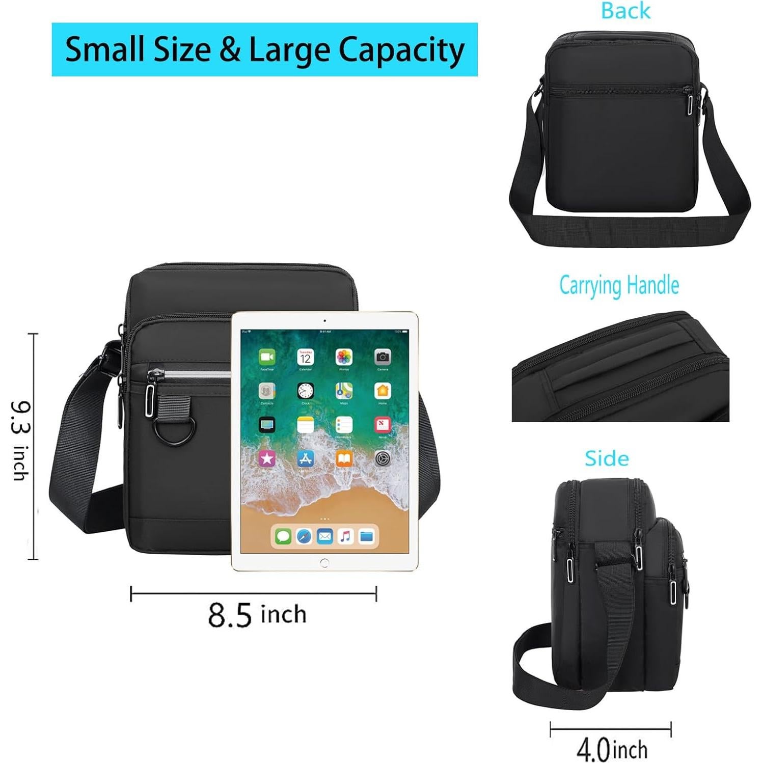 Bolsa Mensajera Impermeable Hombre Bandolera Negra 23x21x10 cm