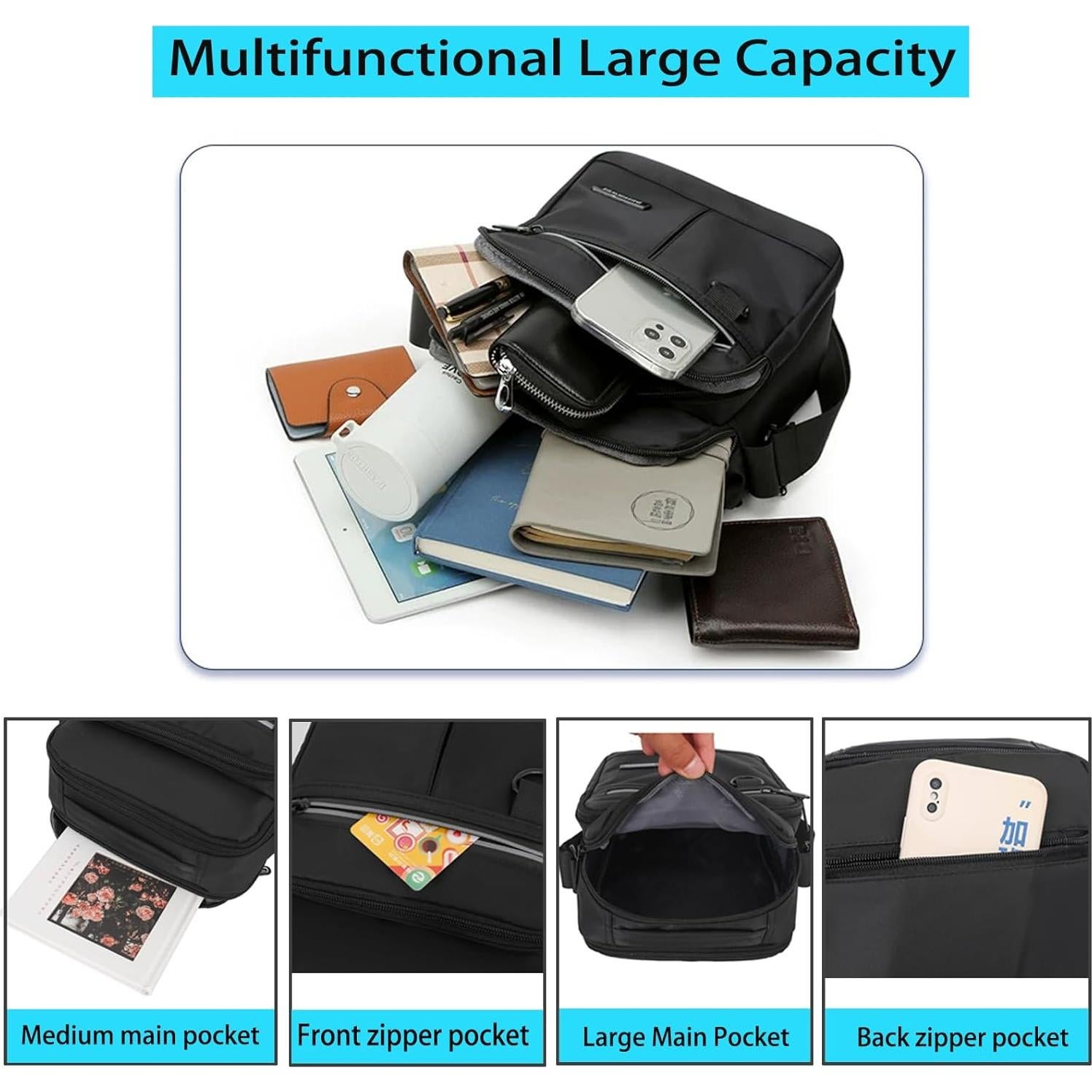 Bolsa Mensajera Impermeable Hombre Bandolera Negra 23x21x10 cm