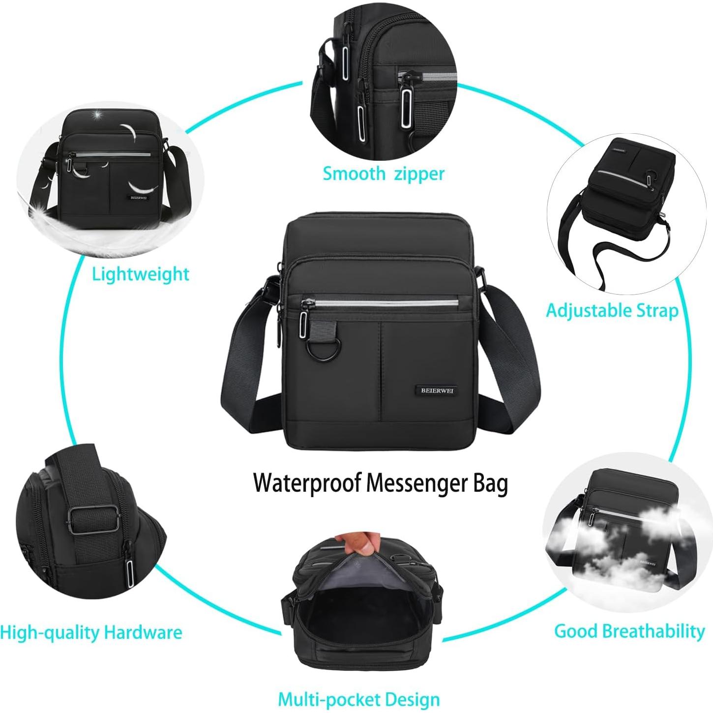 Bolsa Mensajera Impermeable Hombre Bandolera Negra 23x21x10 cm