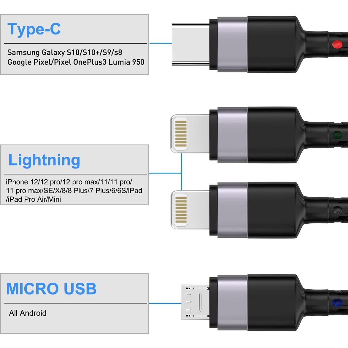 Cable de Carga Multi USB 4 en 1 MTAKYI 1.8M Nylon Trenzado