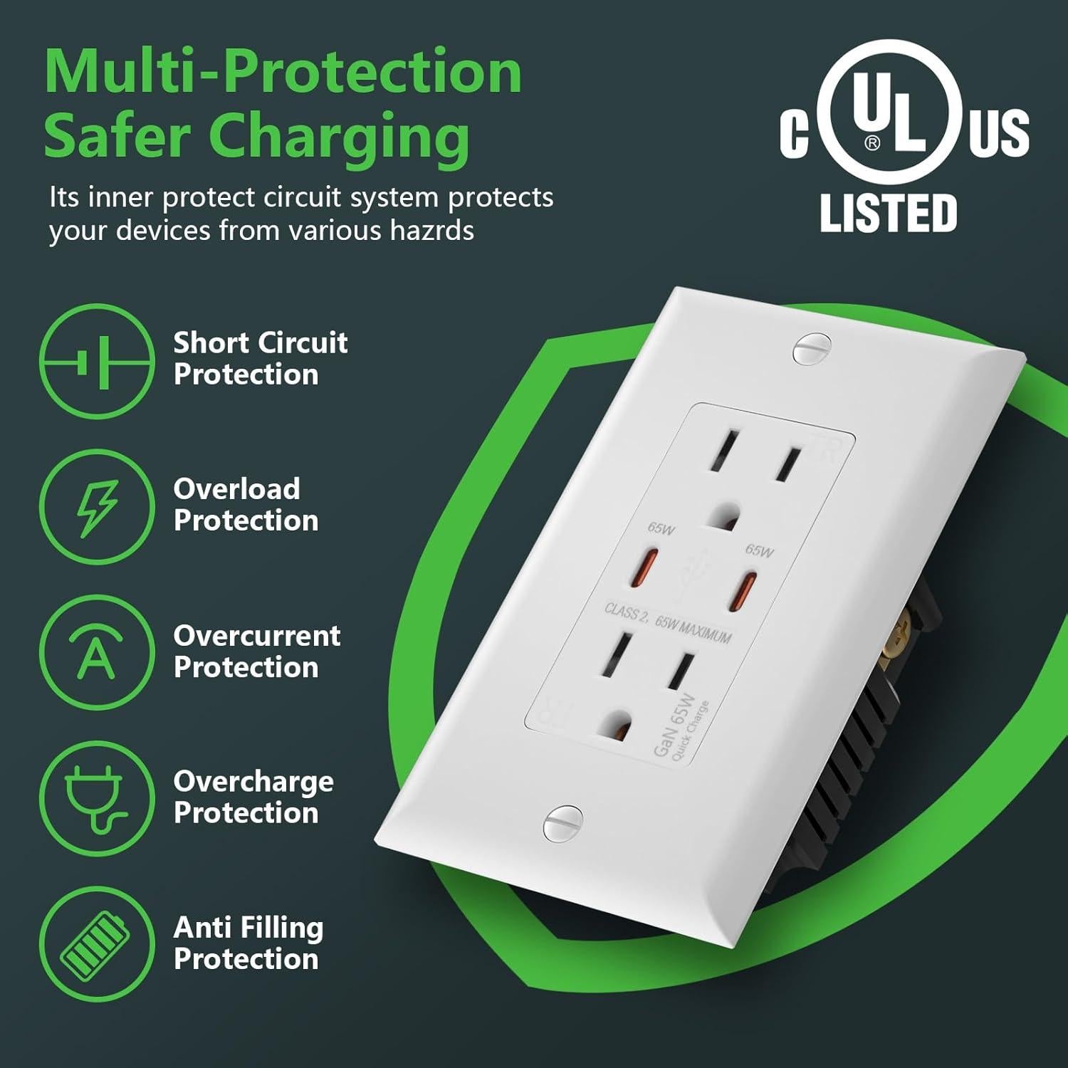 Enchufe de Pared USB Wengart PD65W 15A Carga Rápida Blanco