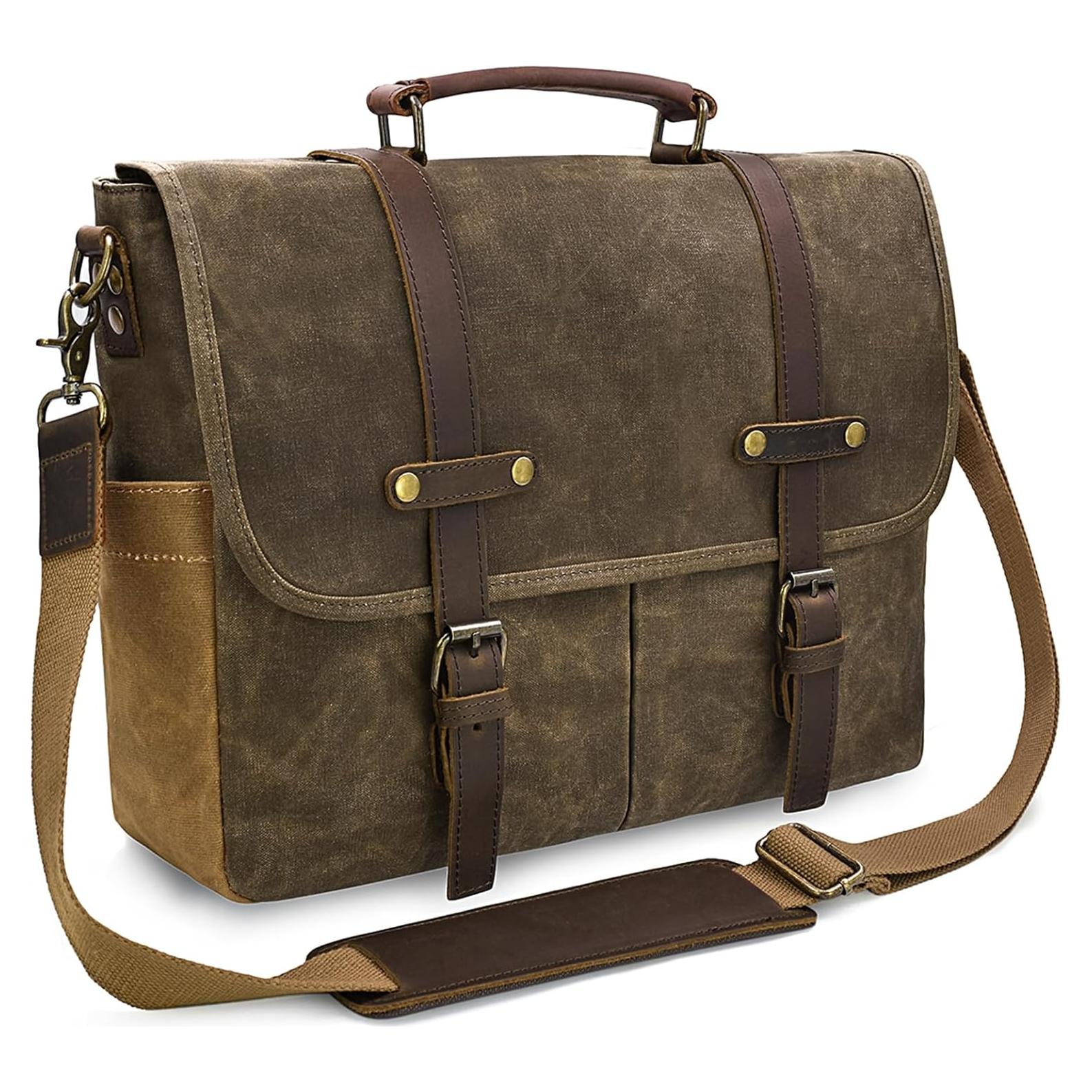 Bolsa Mensajera Impermeable NEWHEY 15.6" Cuero y Lona Café