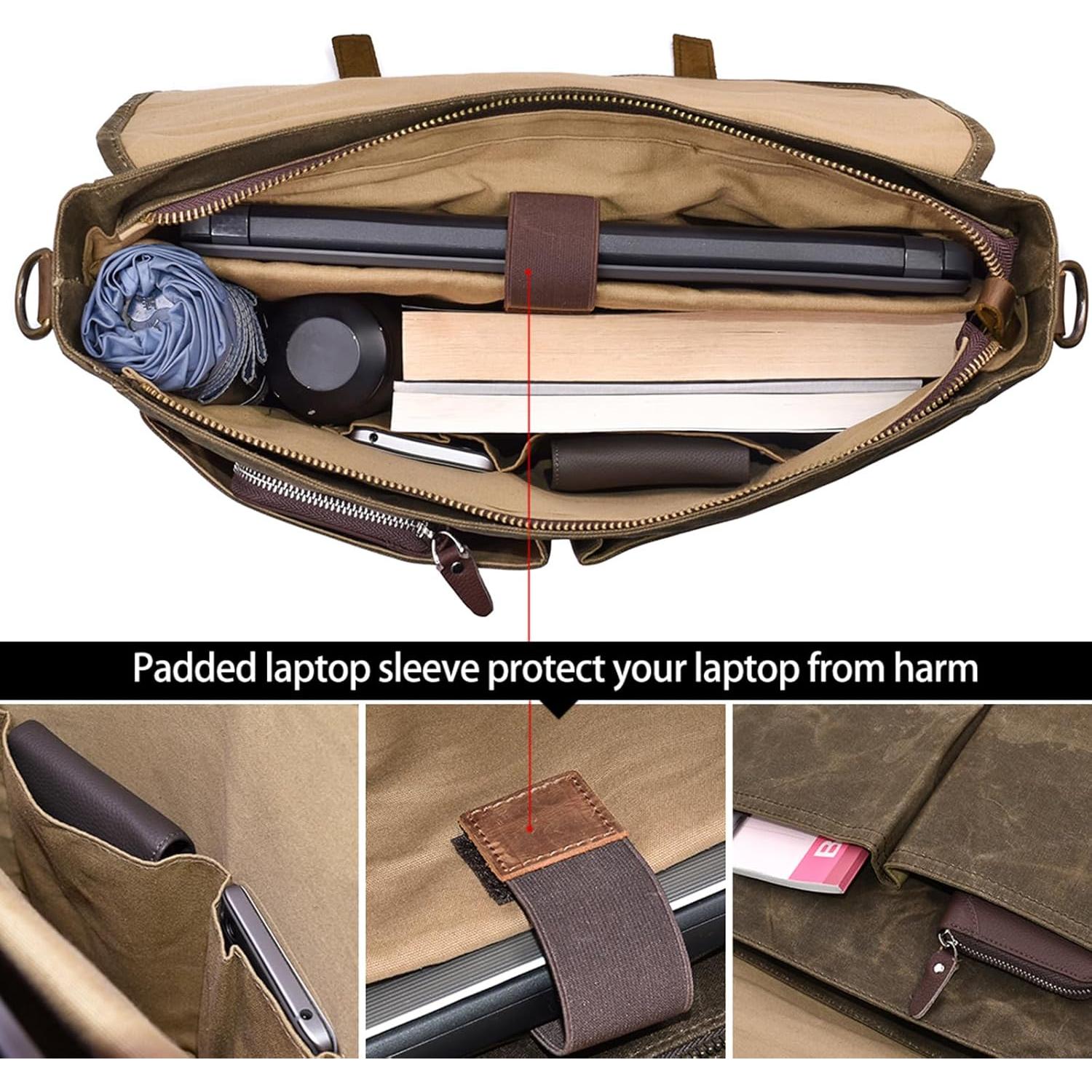 Bolsa Mensajera Impermeable NEWHEY 15.6" Cuero y Lona Café