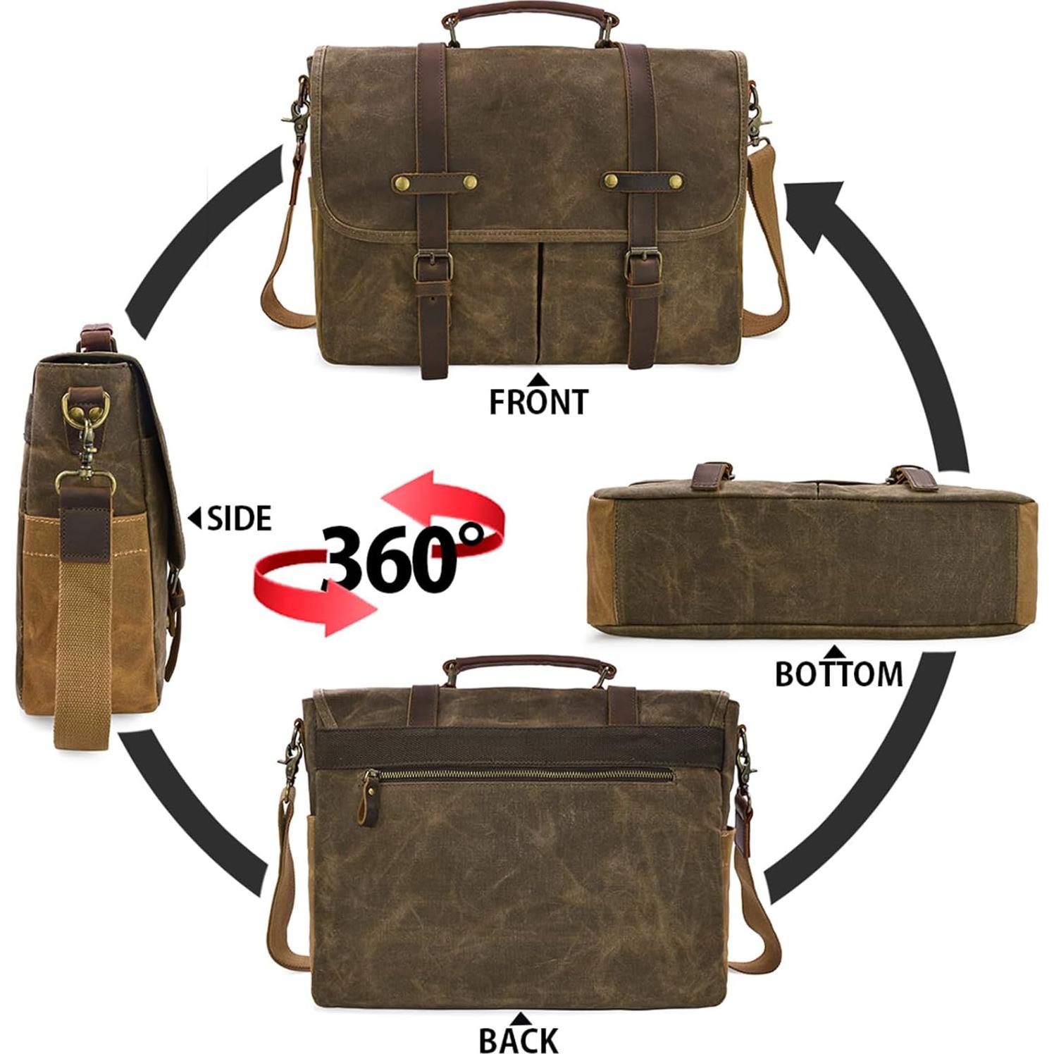 Bolsa Mensajera Impermeable NEWHEY 15.6" Cuero y Lona Café