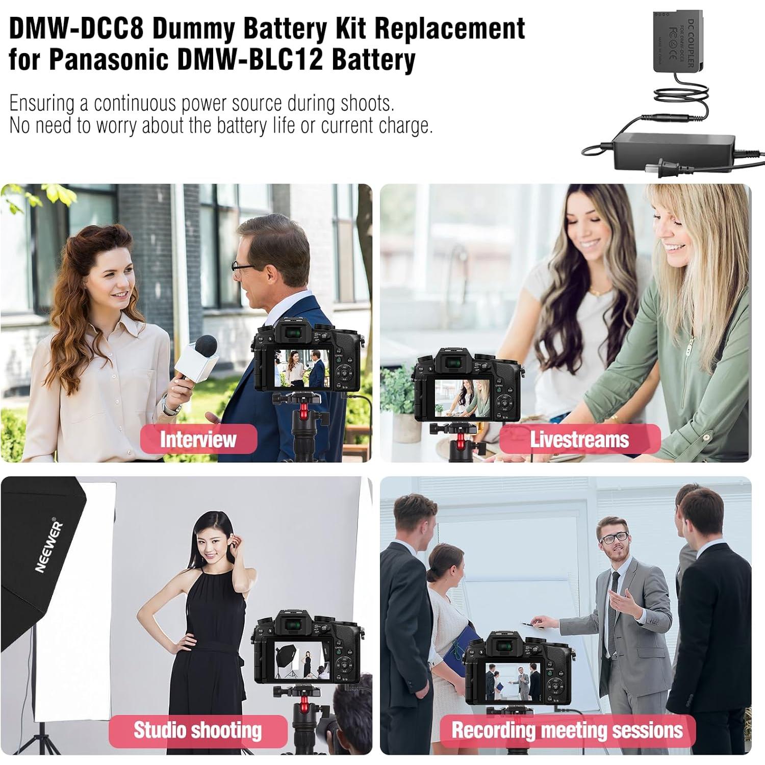 Adaptador de Corriente DMW-AC10 y Batería Falsa DMW-DCC8 para Cámaras Panasonic Lumix