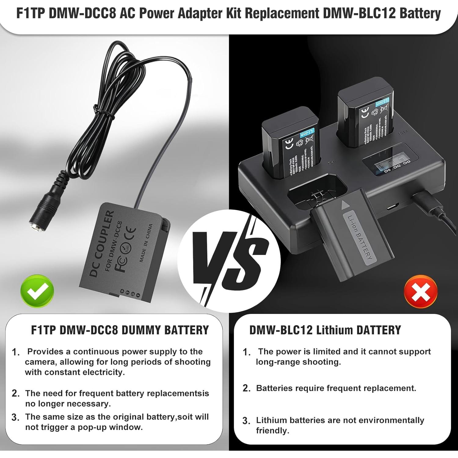 Adaptador de Corriente DMW-AC10 y Batería Falsa DMW-DCC8 para Cámaras Panasonic Lumix