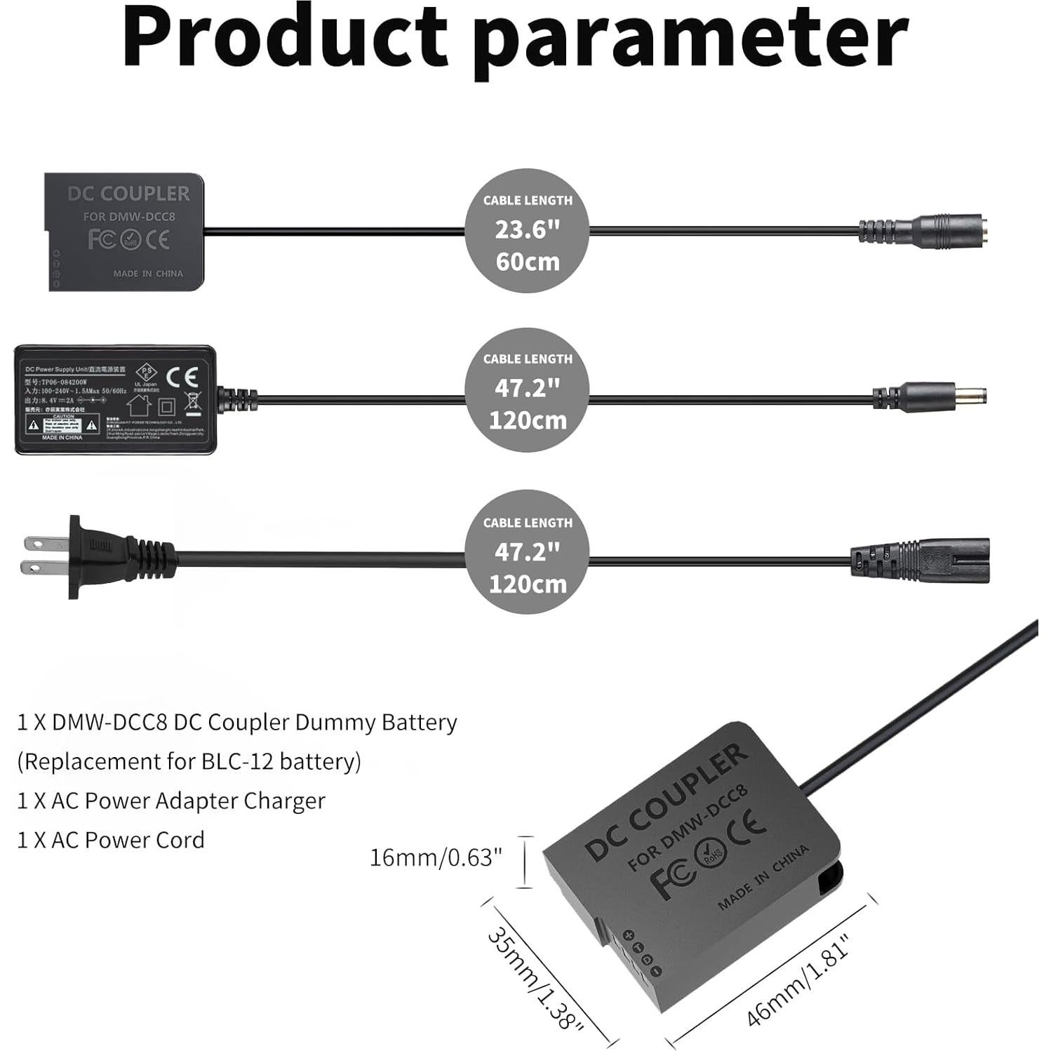 Adaptador de Corriente DMW-AC10 y Batería Falsa DMW-DCC8 para Cámaras Panasonic Lumix