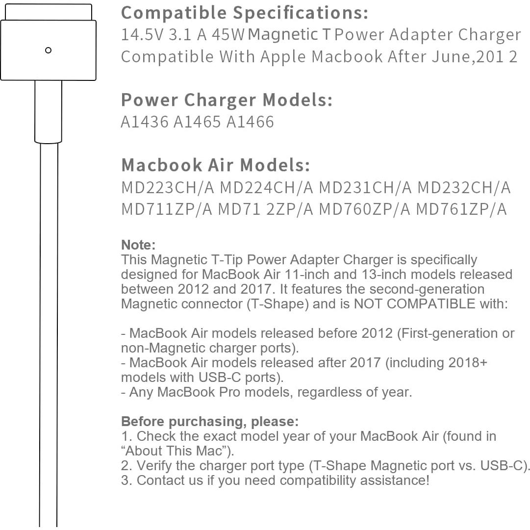 Cargador MacBook Air 45W T-Tip Magnético Compatible 2012-2017