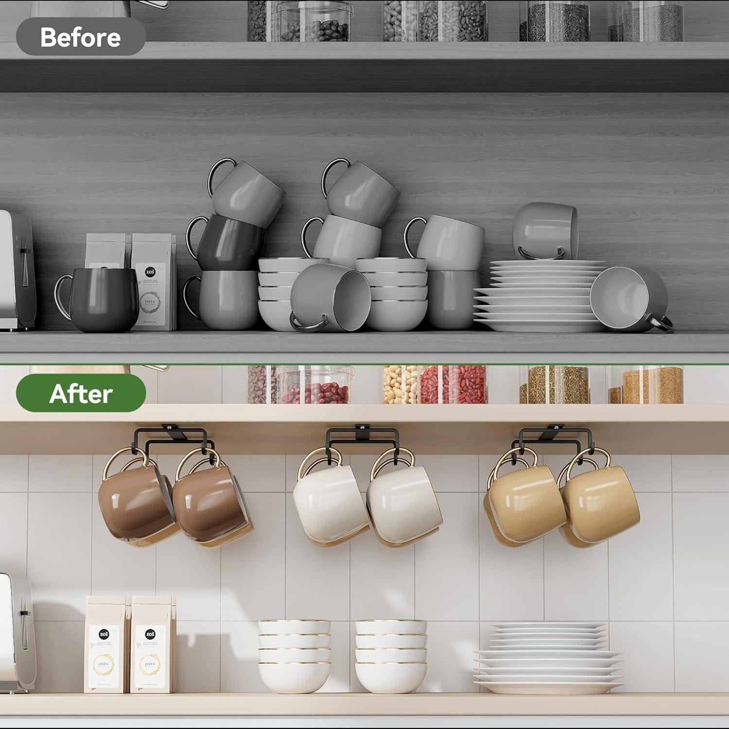 Ganchos para Tazas ECROCY Bajo Gabinete 12 Ganchos Metal Negro