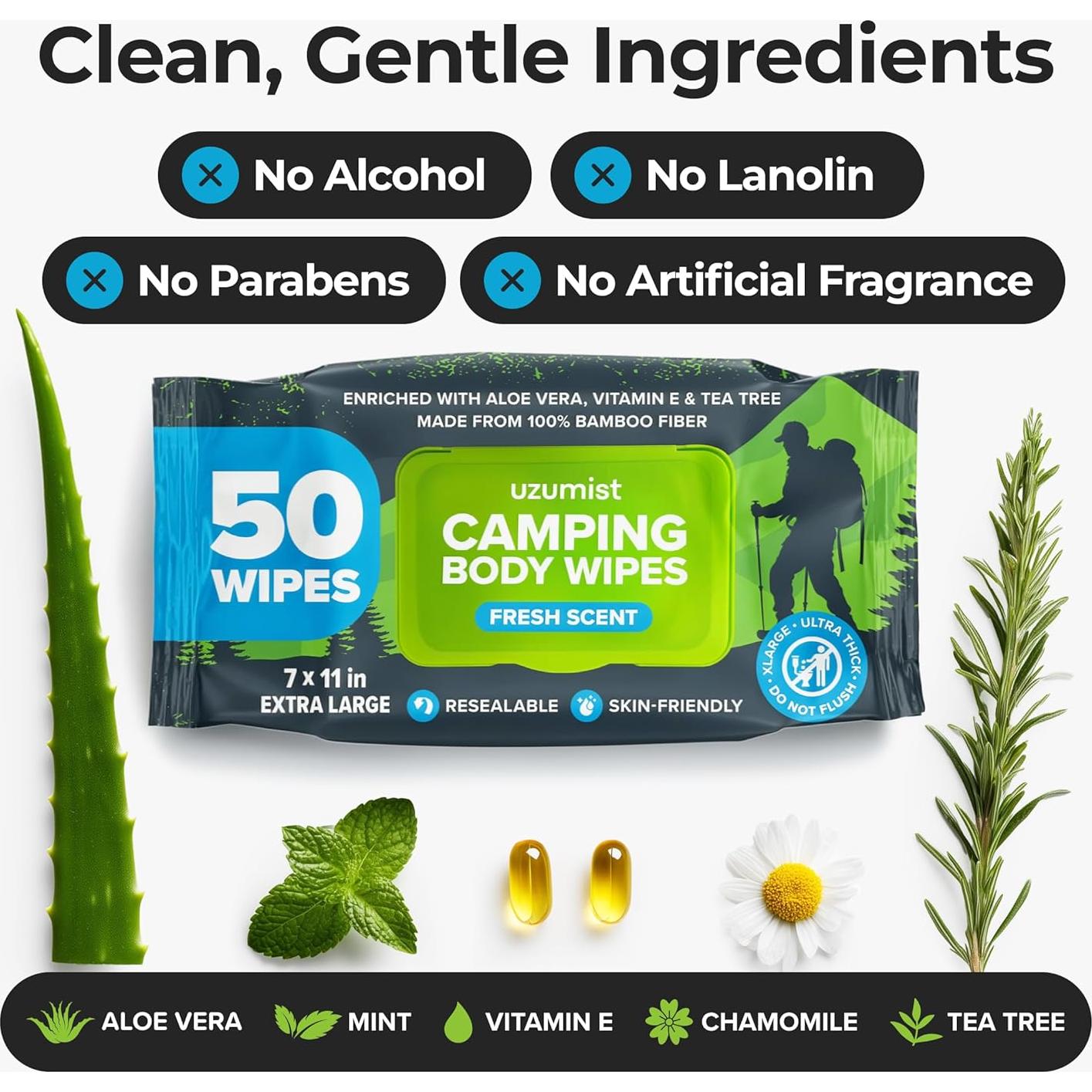 Toallitas Corporales para Camping Uzumist - 50 Unidades XL