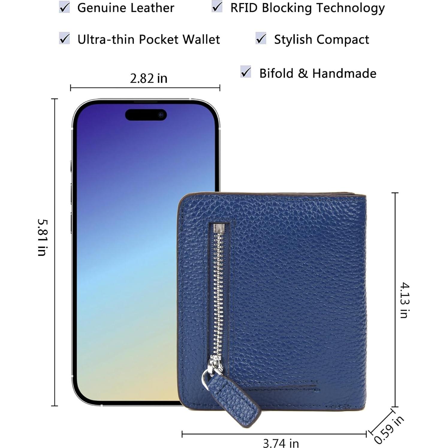 Cartera de Cuero AINIMOER Mini Plegable con RFID Azul