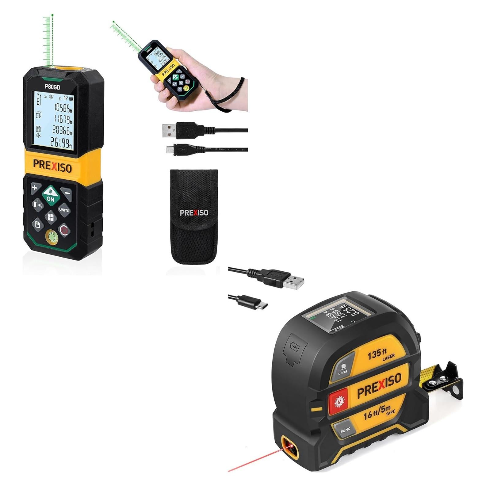 Medidor Láser Verde PREXISO 80m y Cinta Digital 2-en-1 41m