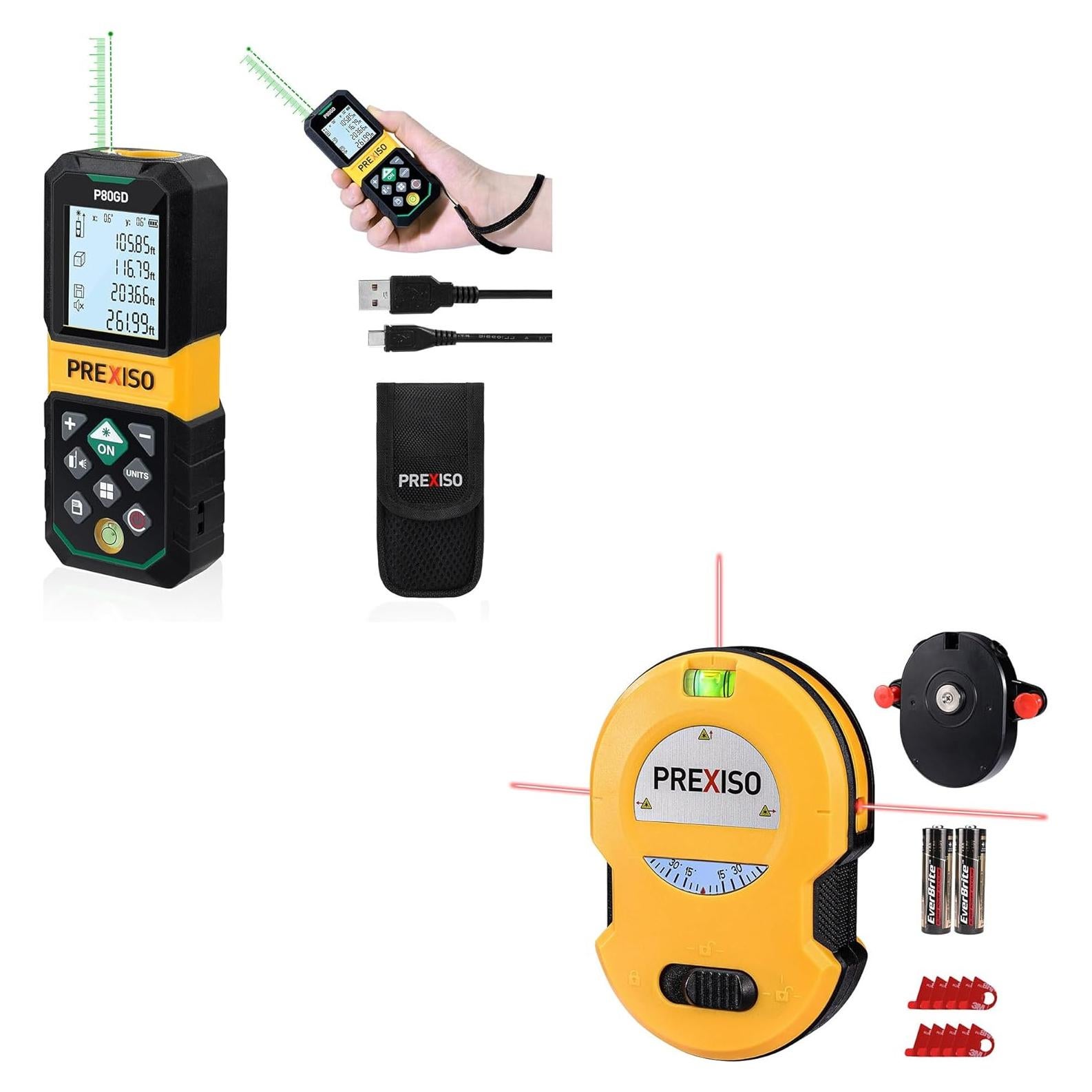 Medidor Láser Verde Recargable PREXISO 80m y Nivel de Superficie