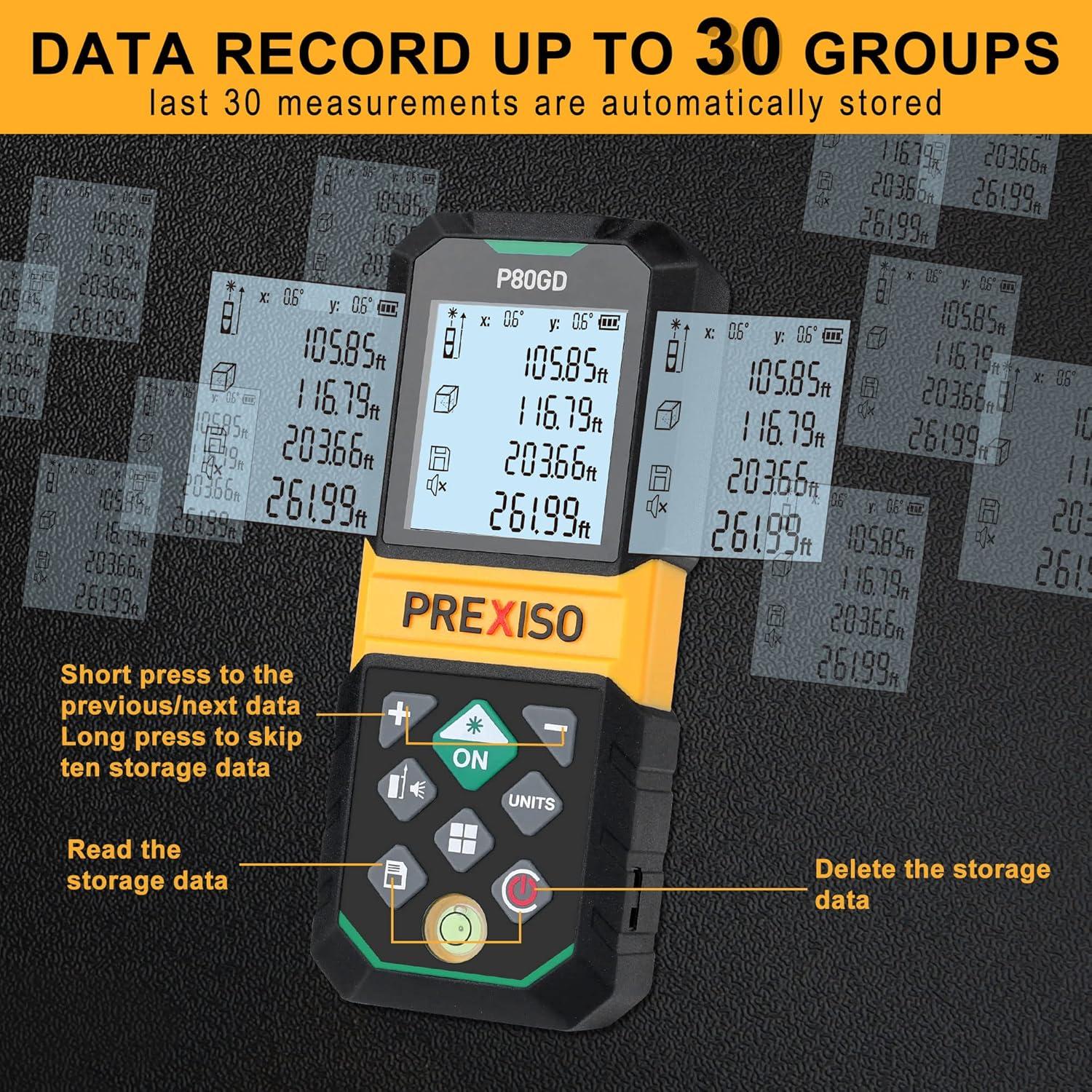 Medidor Láser Verde Recargable PREXISO 80m y Nivel de Superficie