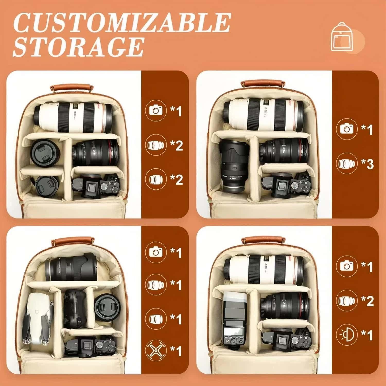 Mochila para Cámara Profesional 10L Cuero PU Marrón con Compartimento para Tableta 11"