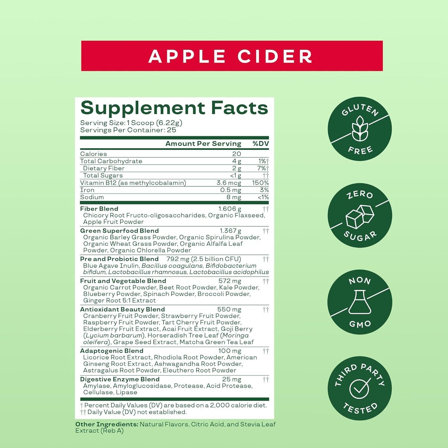 Polvo de Superalimentos Bloom Nutrition Greens 25 Porciones Sidra de Manzana