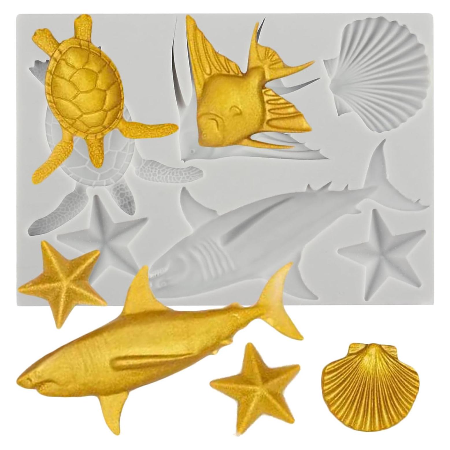 Marine Theme Fondant Molds Sea Turtle Silicone Mold Shark Seashell Fish Starfish Chocolate Candy Molds For Sugar Cake Decorating Cupcake Topper Gum Paste Polymer Clay