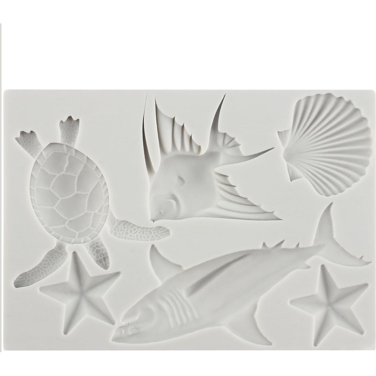 Marine Theme Fondant Molds Sea Turtle Silicone Mold Shark Seashell Fish Starfish Chocolate Candy Molds For Sugar Cake Decorating Cupcake Topper Gum Paste Polymer Clay