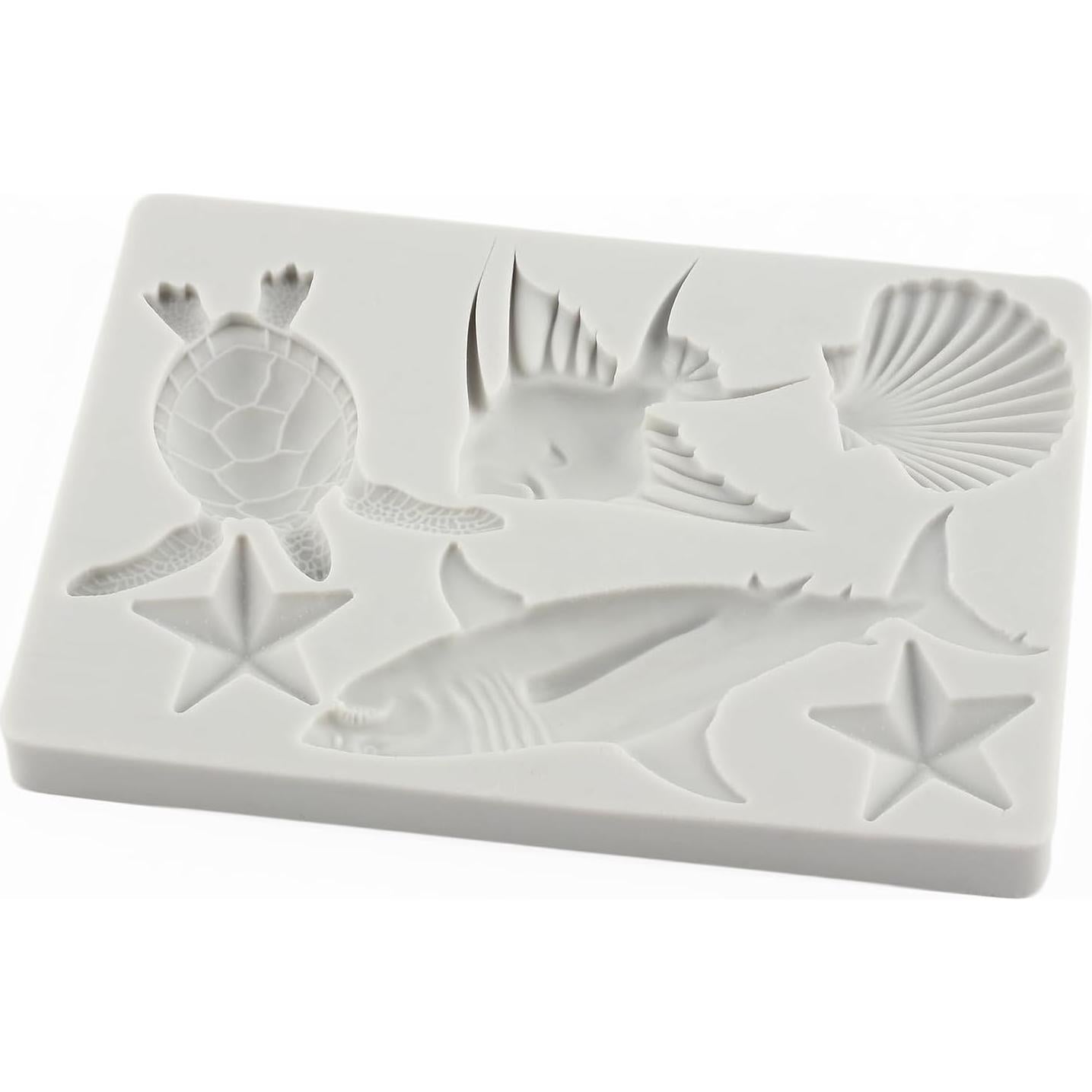 Marine Theme Fondant Molds Sea Turtle Silicone Mold Shark Seashell Fish Starfish Chocolate Candy Molds For Sugar Cake Decorating Cupcake Topper Gum Paste Polymer Clay