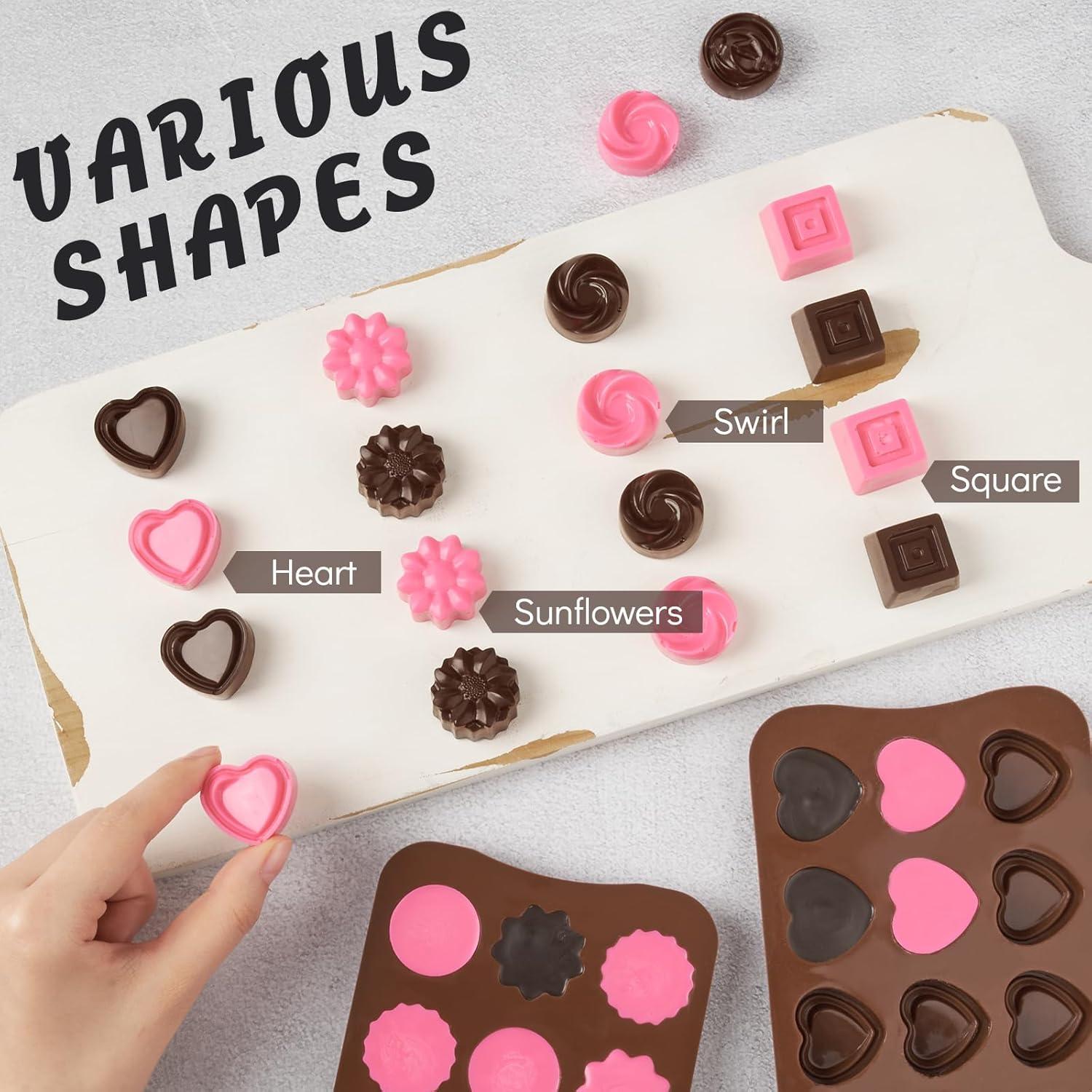 Moldes de Silicona para Chocolate Puyeipt - 4 Piezas Corazones, Flores, Cuadrados, Espirales