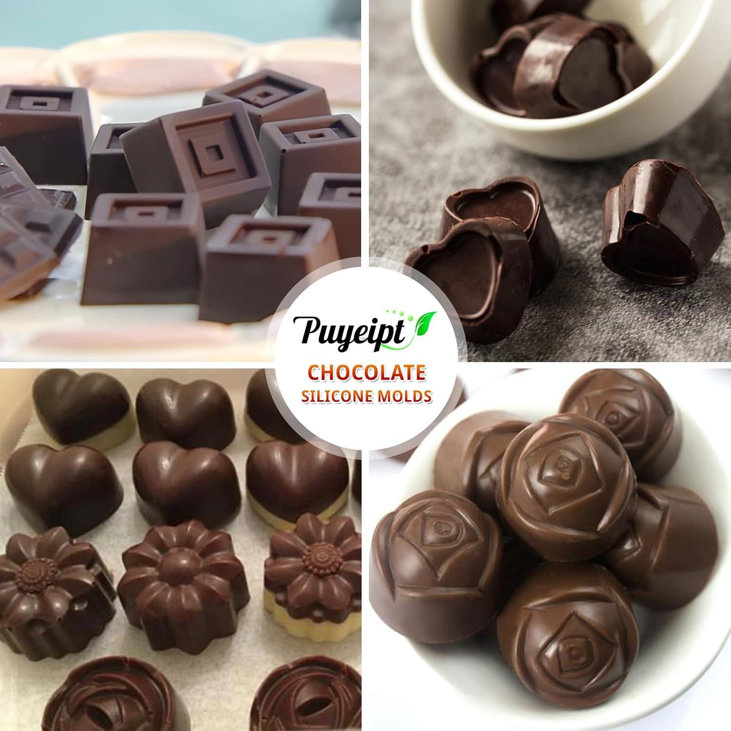 Moldes de Silicona para Chocolate Puyeipt - 4 Piezas Corazones, Flores, Cuadrados, Espirales
