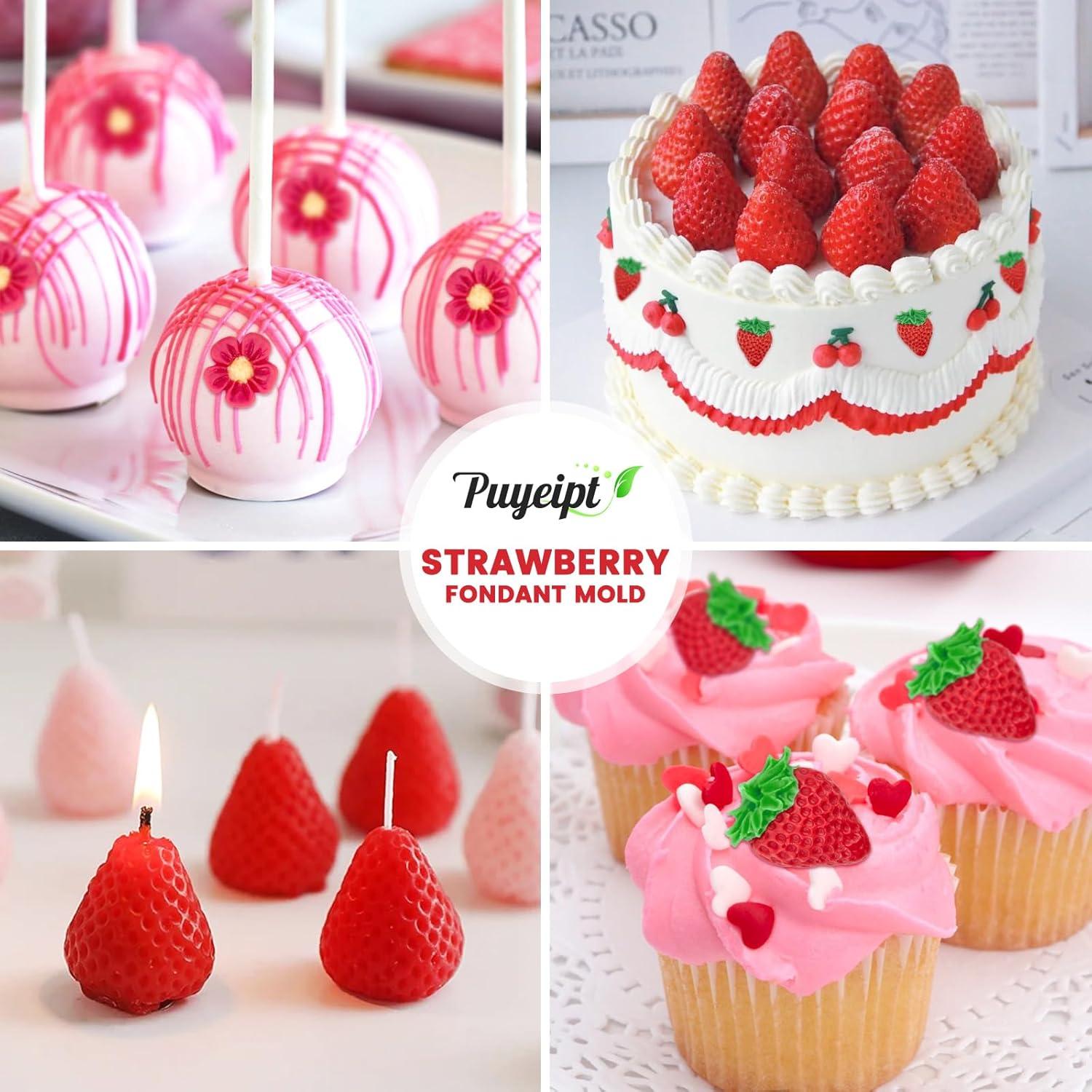Moldes de Silicona Puyeipt para Fondant Fresa 4 Pcs 3D