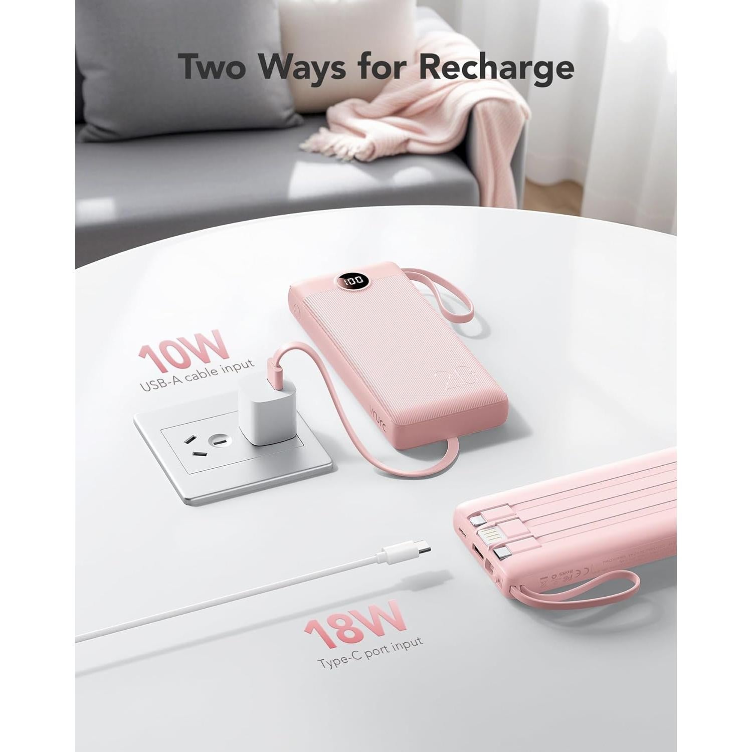 Cargador Portátil VRURC 20000mAh Carga Rápida 4 Salidas Rosa