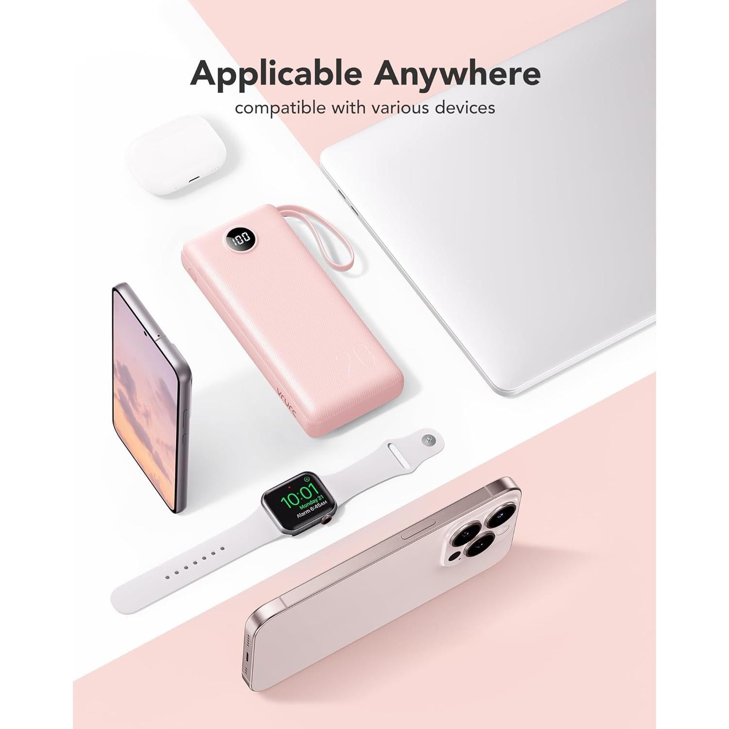 Cargador Portátil VRURC 20000mAh Carga Rápida 4 Salidas Rosa