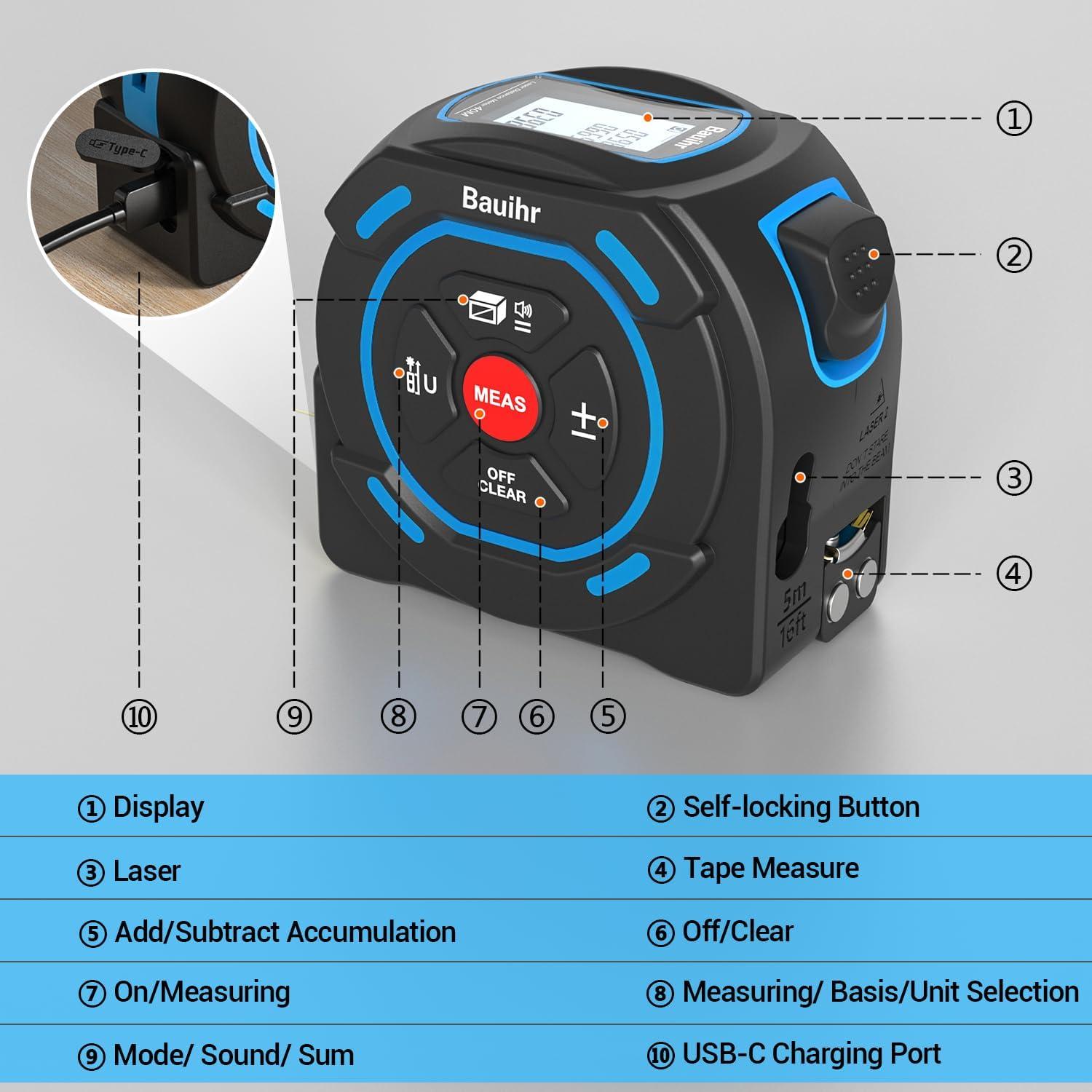 Cinta Métrica Láser 2-en-1 Bauihr 40m + 5m Pantalla LCD
