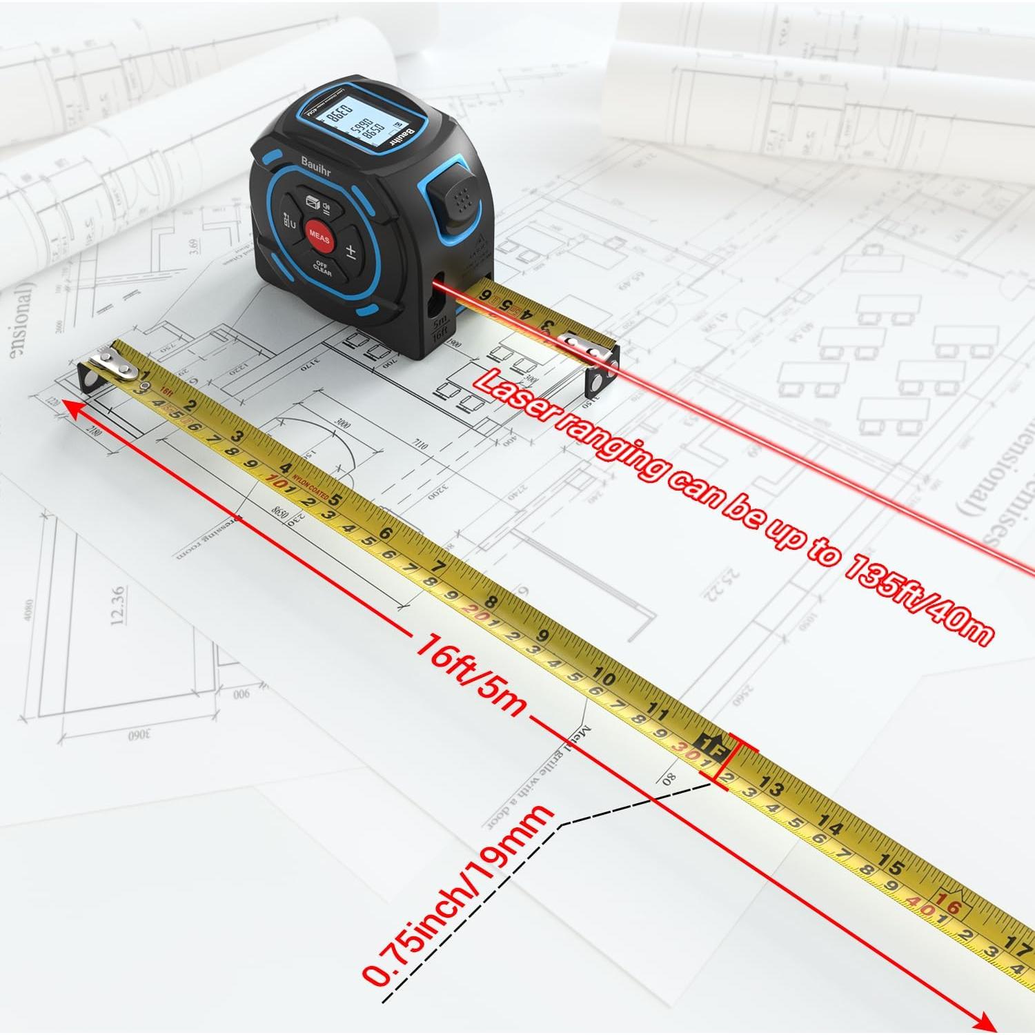 Cinta Métrica Láser 2-en-1 Bauihr 40m + 5m Pantalla LCD