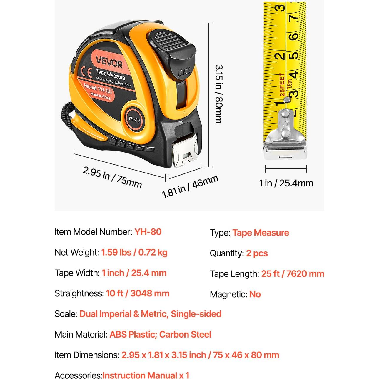 Cinta Métrica VEVOR 25 pies (7.62m) Doble Escala ABS 2 Paquetes