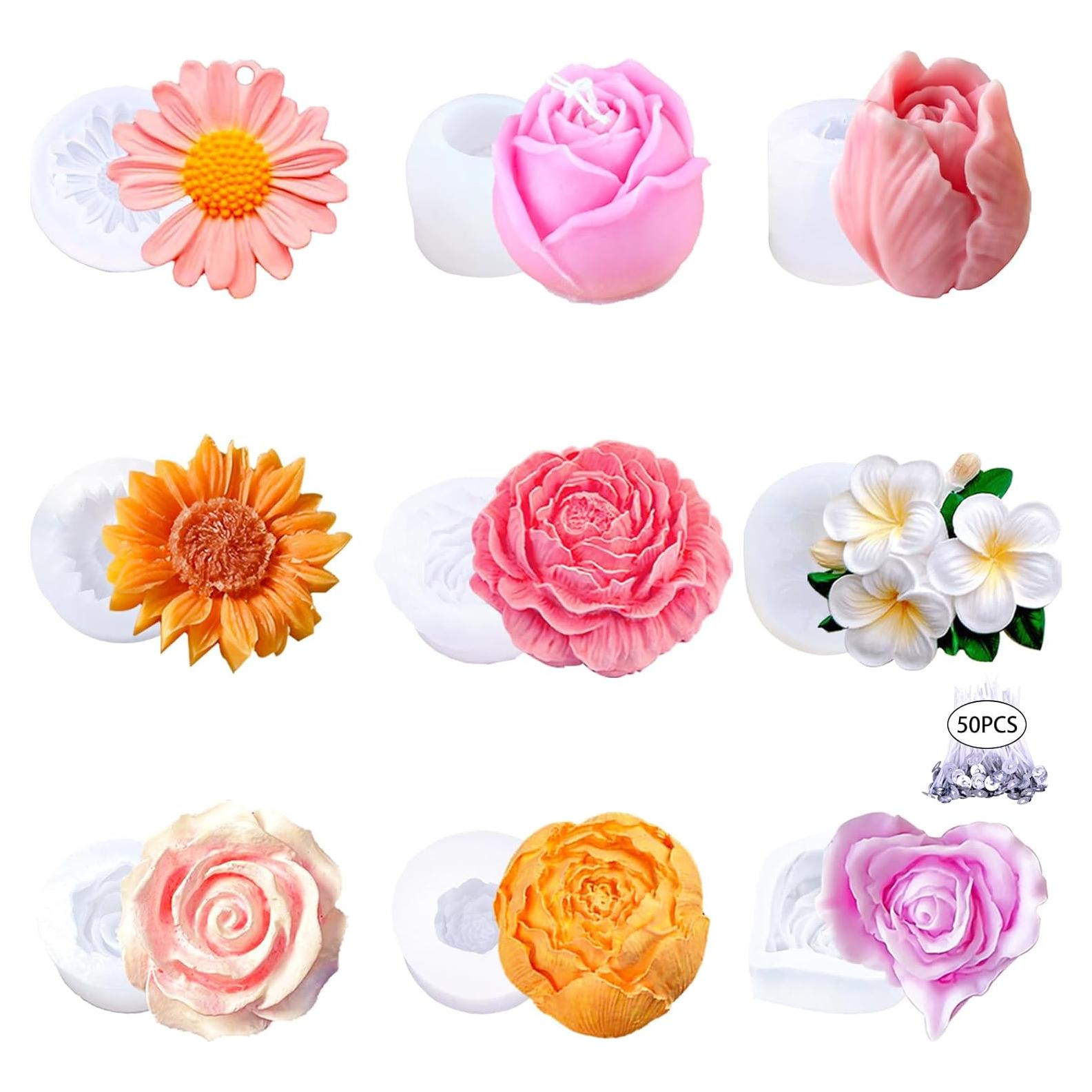 9 Moldes de Silicona para Velas Flores Aifong - 50 Mechas