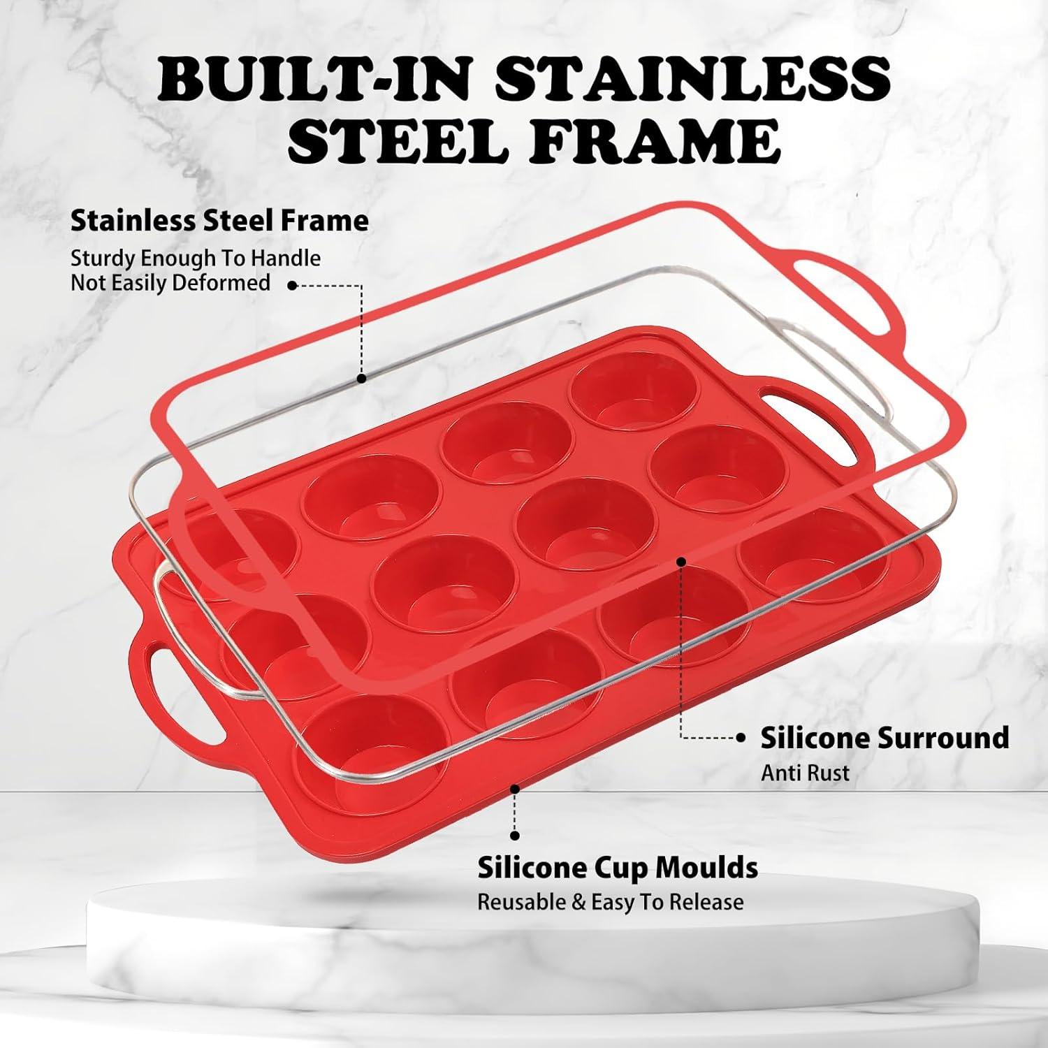 Molde de Silicona para Muffins Foepoge 12 Tazas Rojo