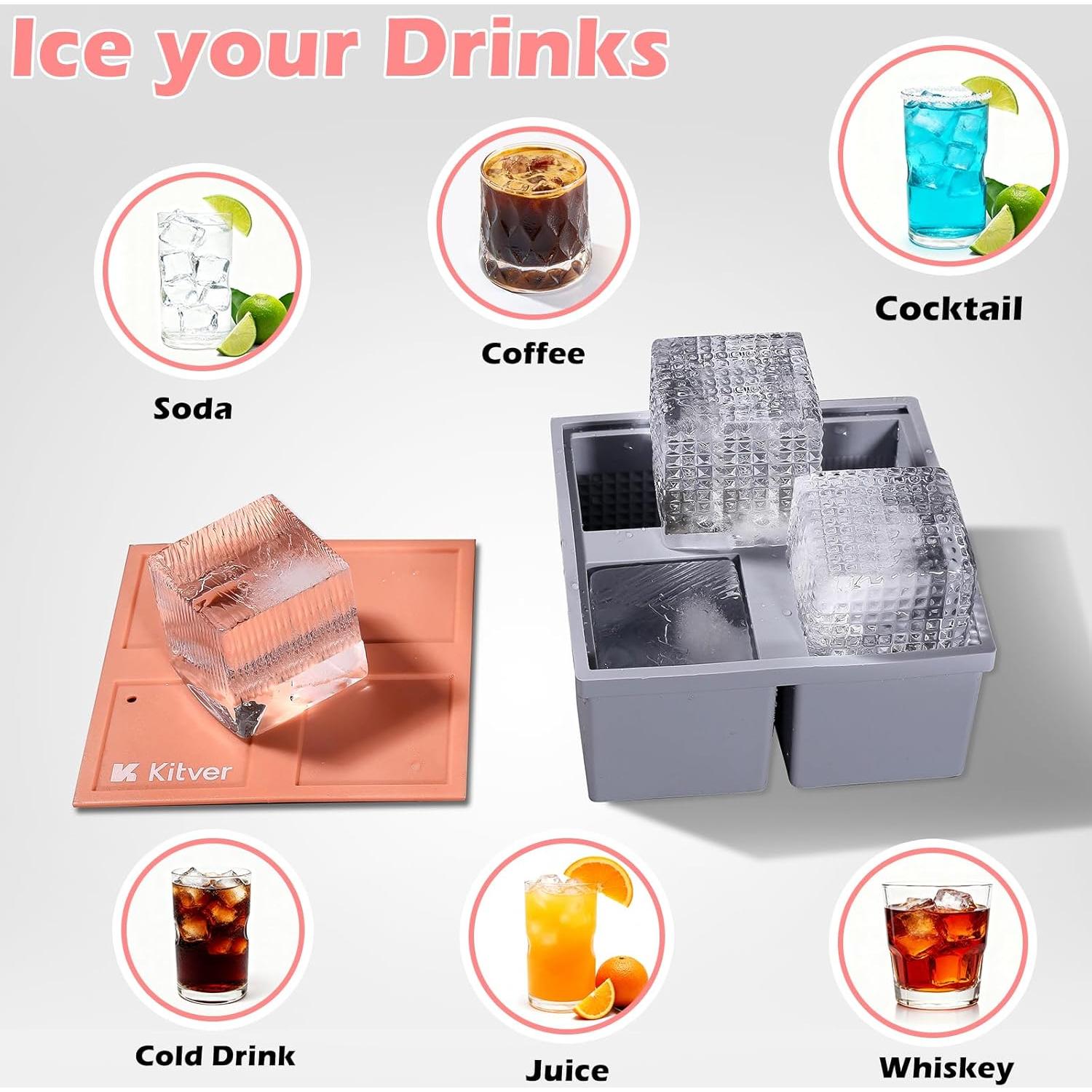 Bandejas de Hielo Cuadradas Grandes Kitver - 4 Moldes Silicona 6 cm