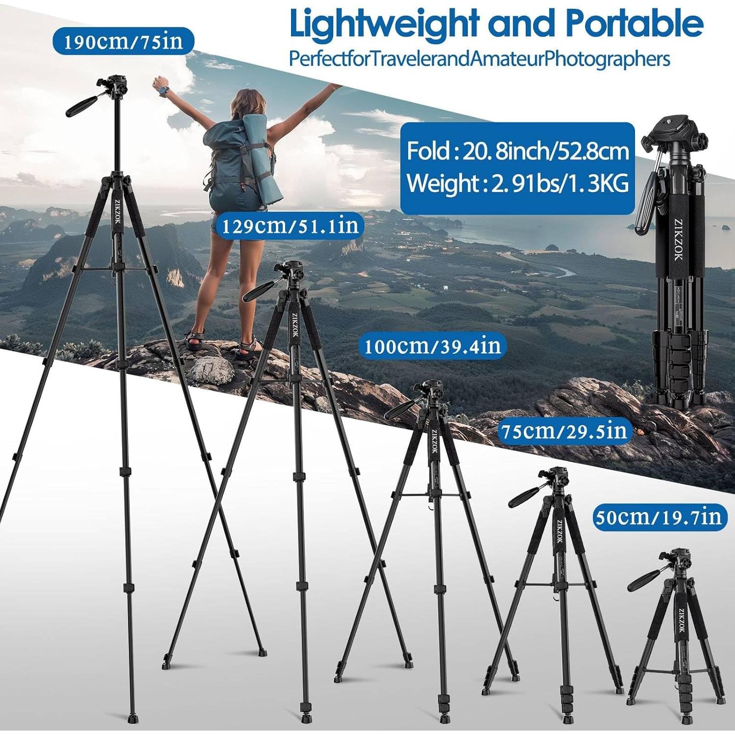 Trípode de Cámara ZIKZOK 75" Aluminio Portátil 1.3 kg