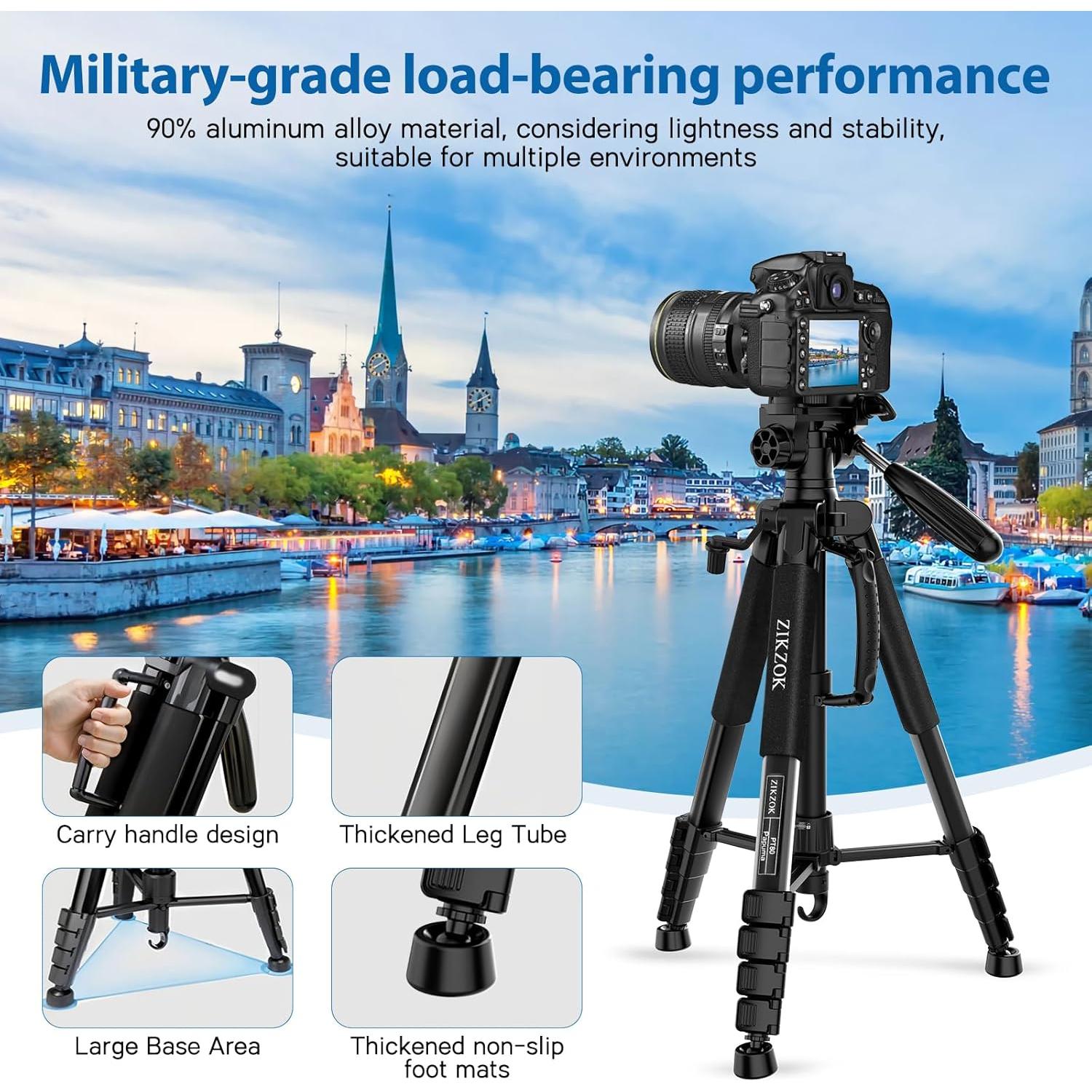 Trípode de Cámara ZIKZOK 75" Aluminio Portátil 1.3 kg