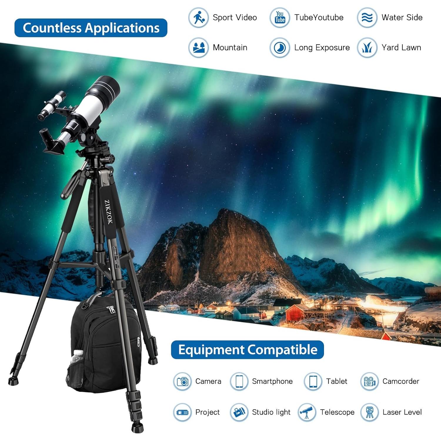 Trípode de Cámara ZIKZOK 75" Aluminio Portátil 1.3 kg