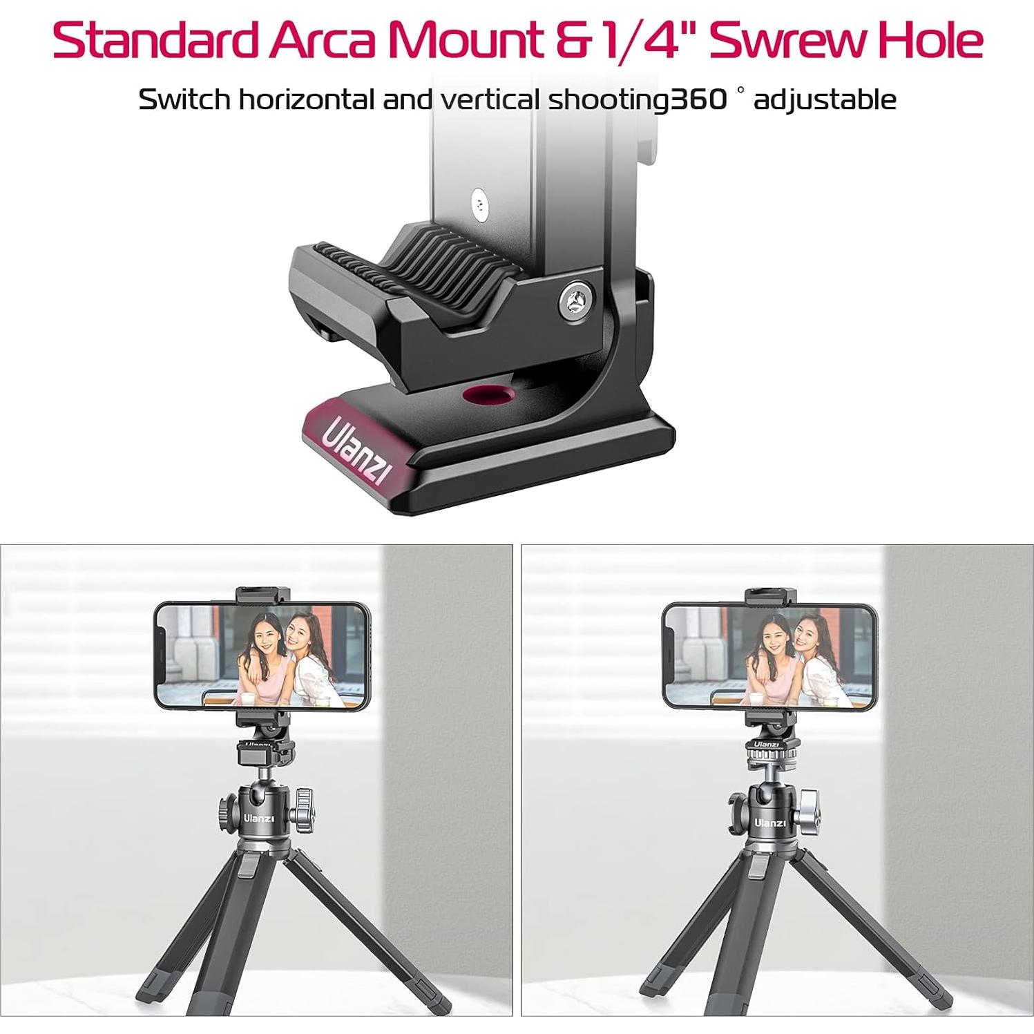 Metal Phone Tripod Mount 3 Cold Shoes & Arca Port, 360° Smartphone Tripod Adapter for iPhone 17 16 15 Cell Phone Stand Holder for Desktop Video Live Streaming Vlogging Rig