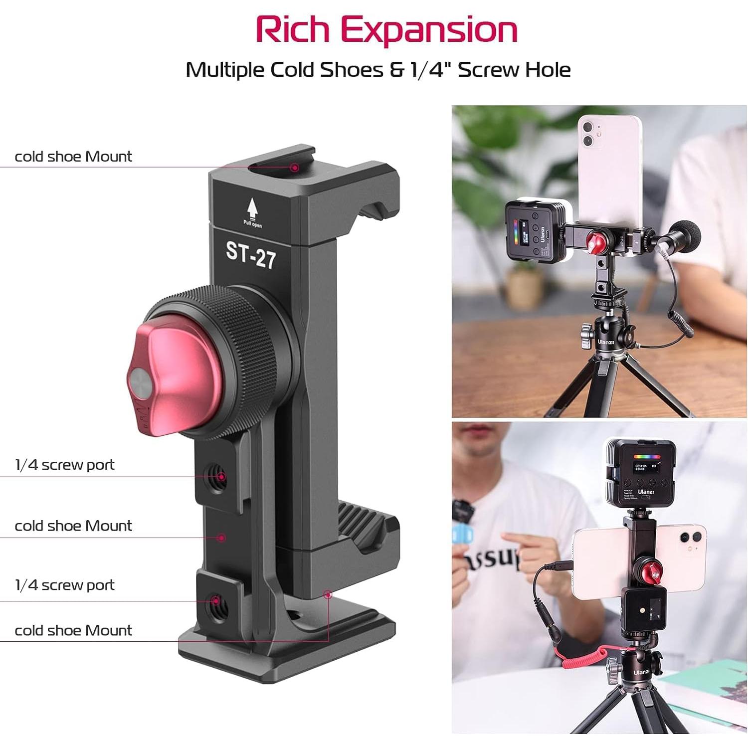 Metal Phone Tripod Mount 3 Cold Shoes & Arca Port, 360° Smartphone Tripod Adapter for iPhone 17 16 15 Cell Phone Stand Holder for Desktop Video Live Streaming Vlogging Rig