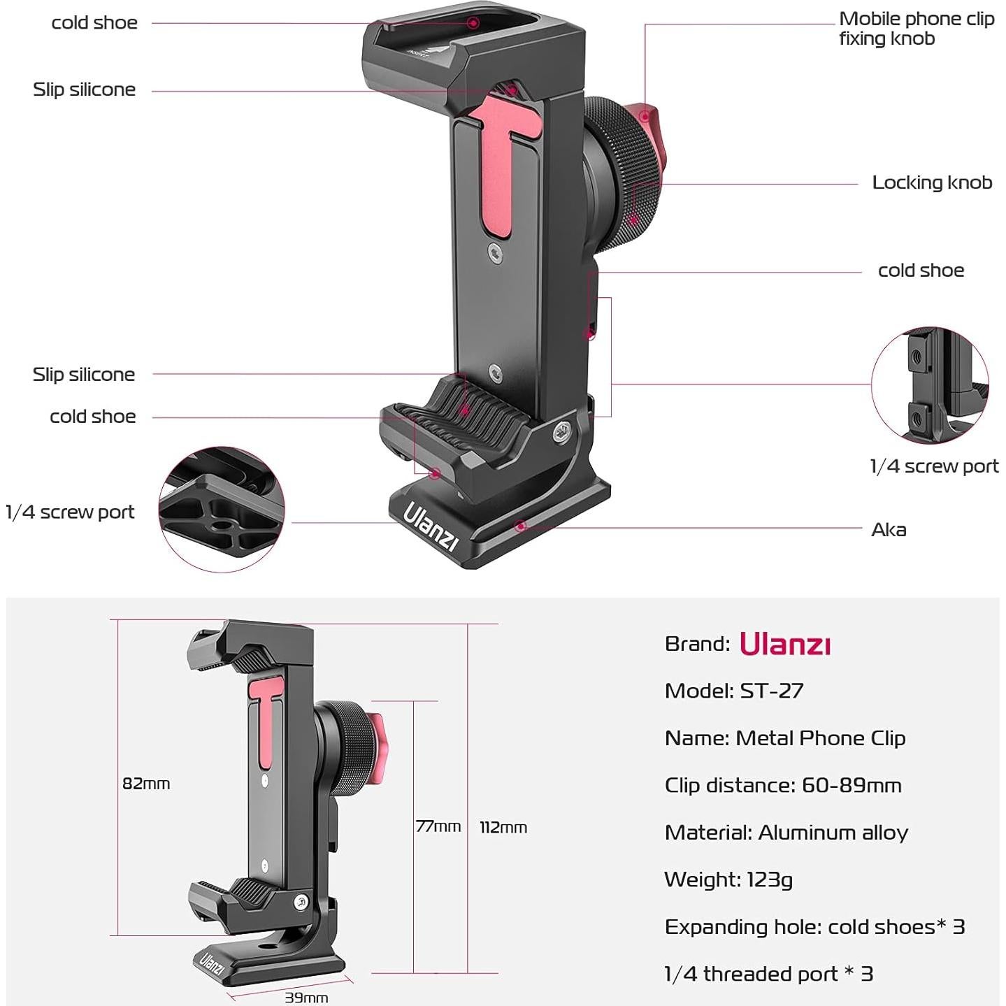 Metal Phone Tripod Mount 3 Cold Shoes & Arca Port, 360° Smartphone Tripod Adapter for iPhone 17 16 15 Cell Phone Stand Holder for Desktop Video Live Streaming Vlogging Rig