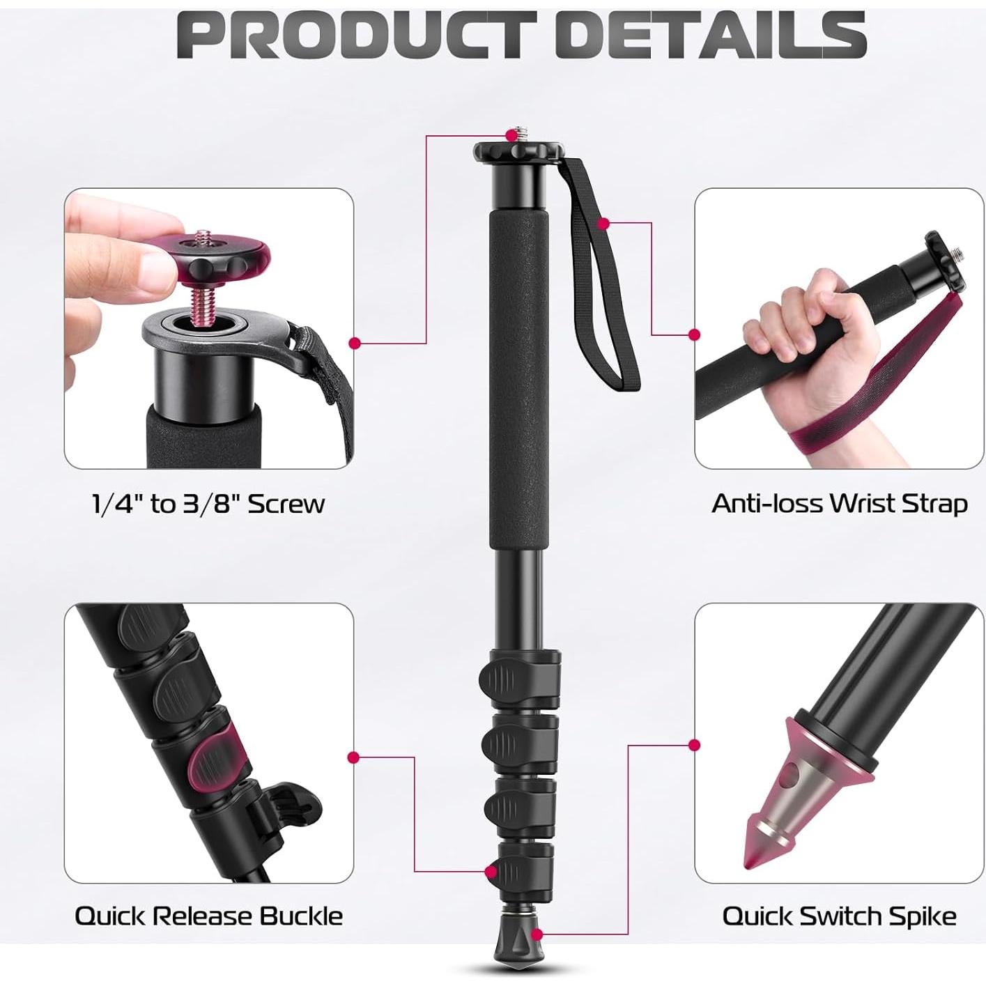 Monopie ULANZI TB12 de Aluminio 155 cm Liviano y Compacto