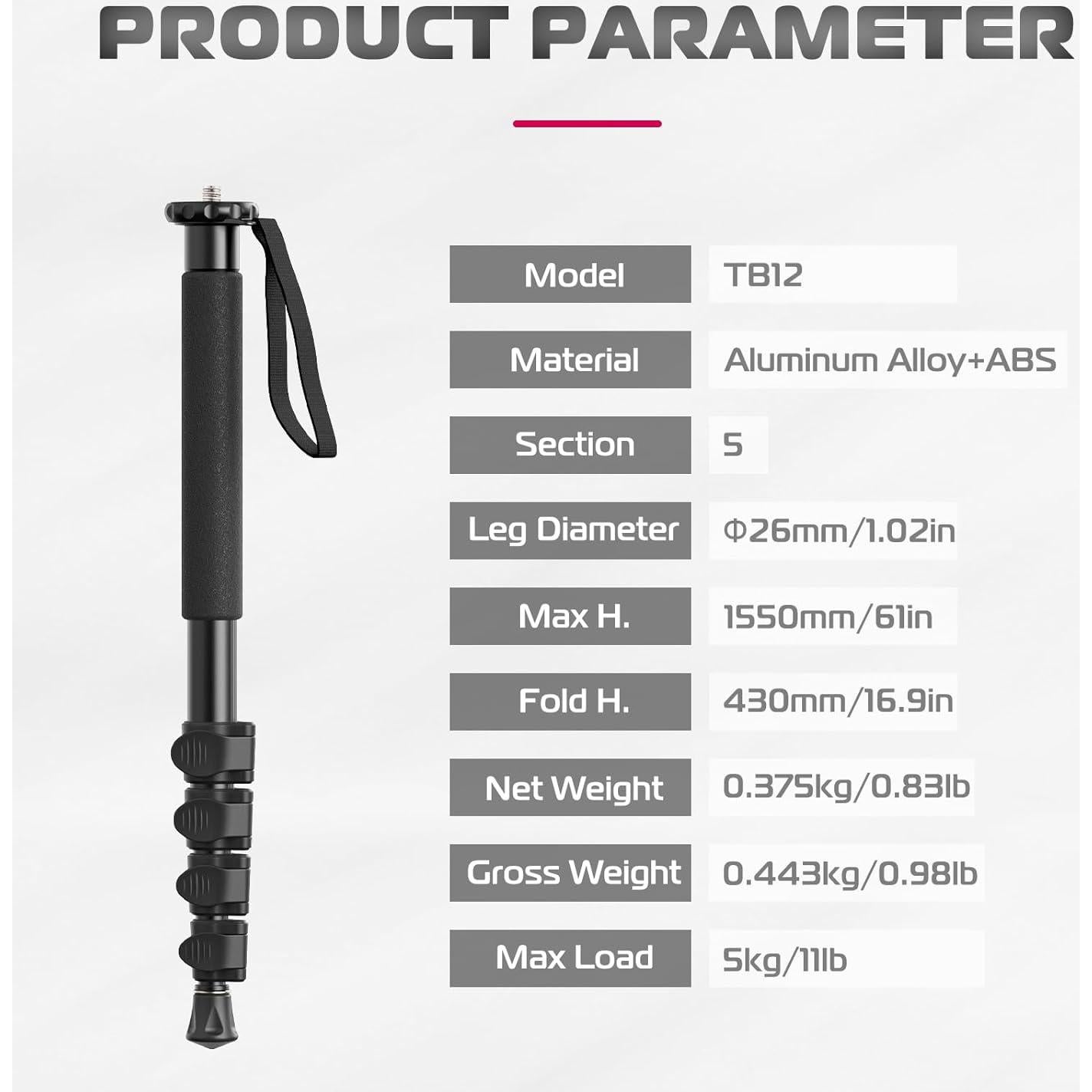 Monopie ULANZI TB12 de Aluminio 155 cm Liviano y Compacto