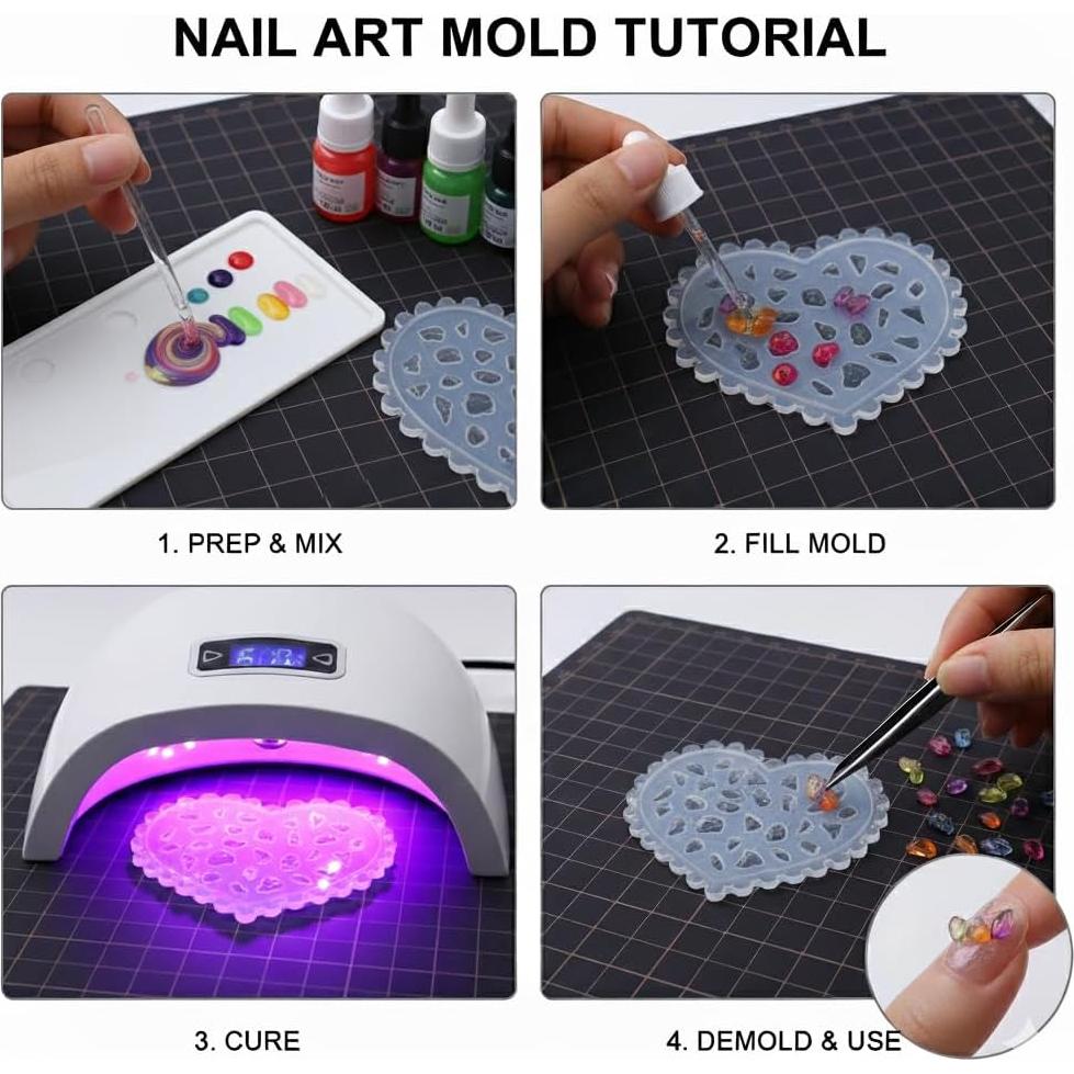 Moldes de Silicona para Uñas Pizadix - 3 Piezas Gemas Corazón