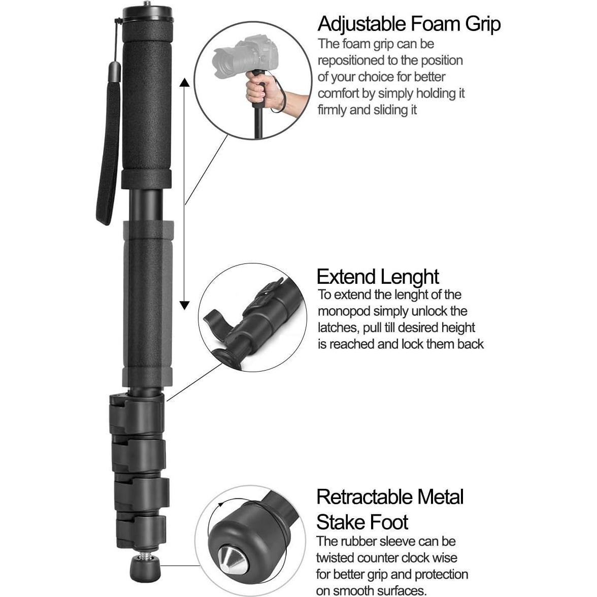 Monopod Acuvar 157 cm con correa y 4 secciones extensibles