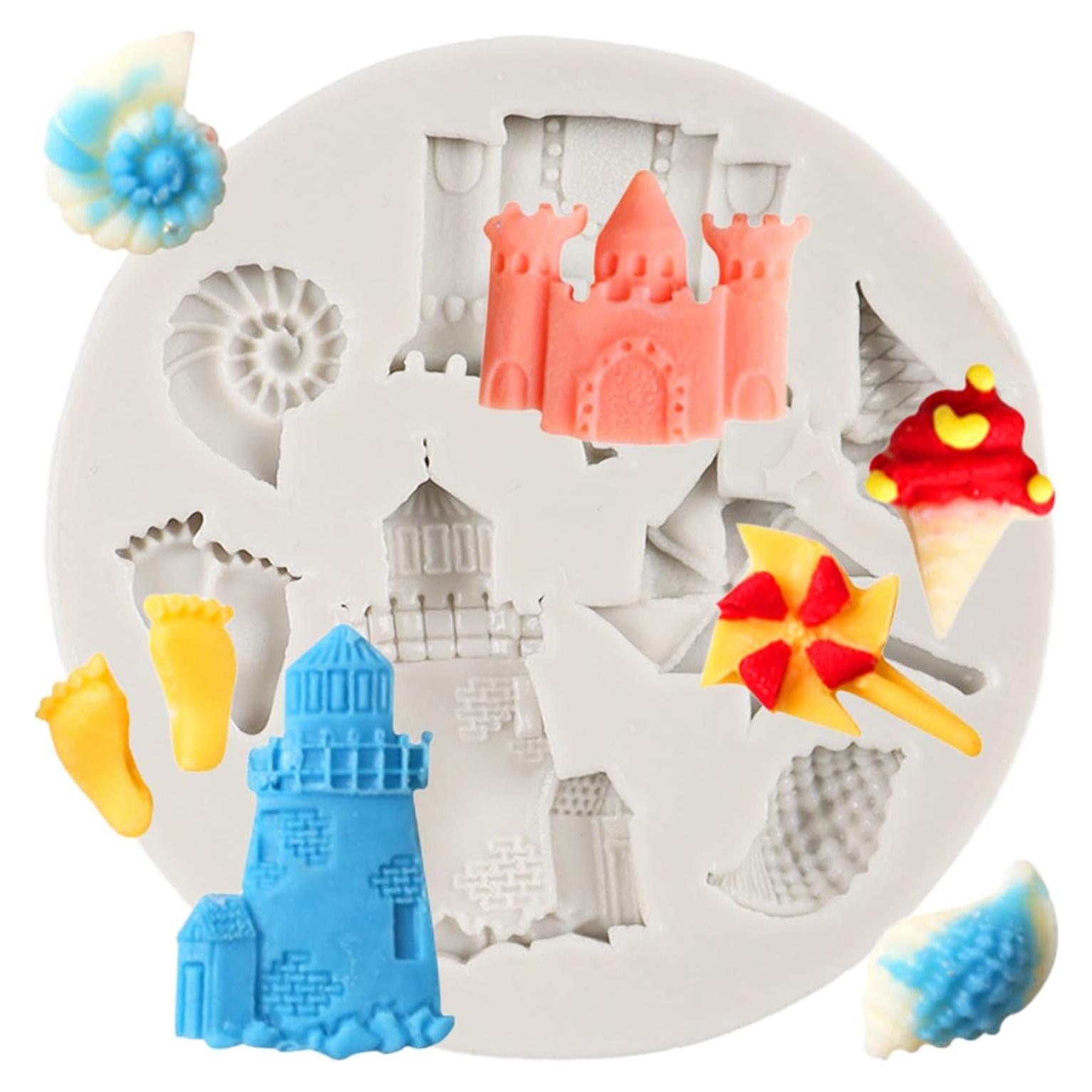 Castle Silicone Fondant Mold Windmill Conch Baby Foot Ice Cream Molds for Baby Birthday Cake Decoration Cupcake Topper Candy Chocolate Sugar Craft Polymer Clay Gum Paste