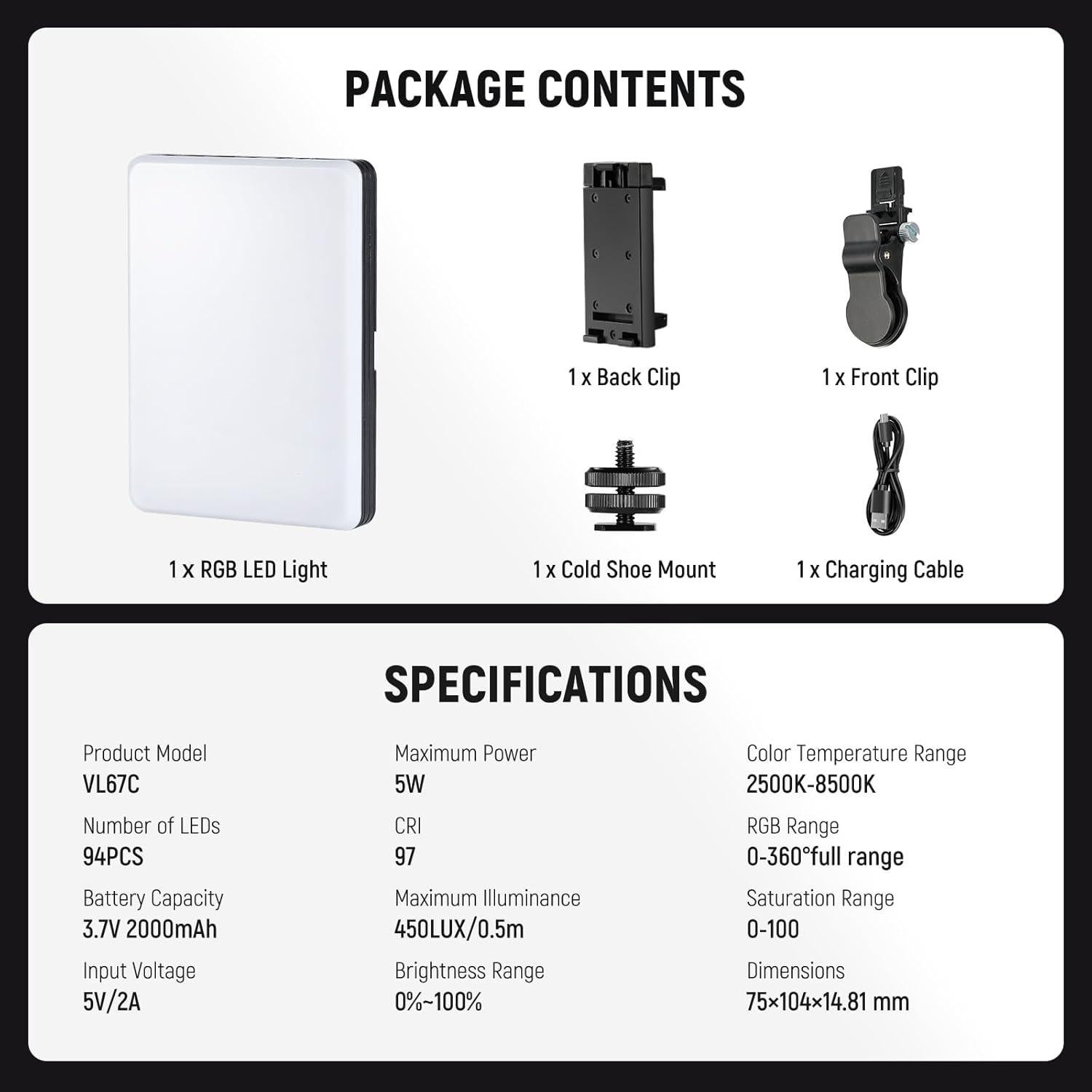 Luz RGB NEEWER VL67C 94 LEDs Recargable para Selfies