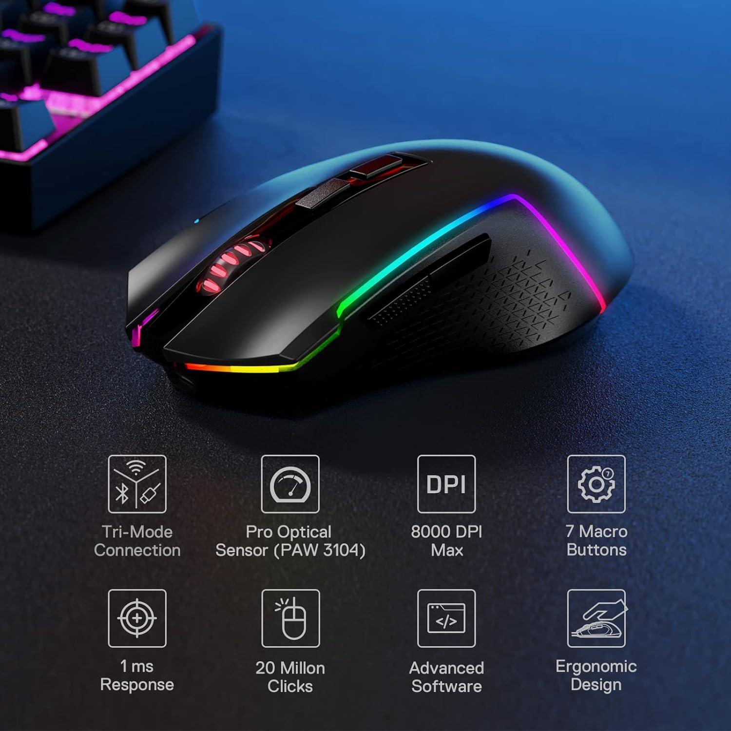 Ratón Gaming Inalámbrico Redragon M693, 8000 DPI, Rosa