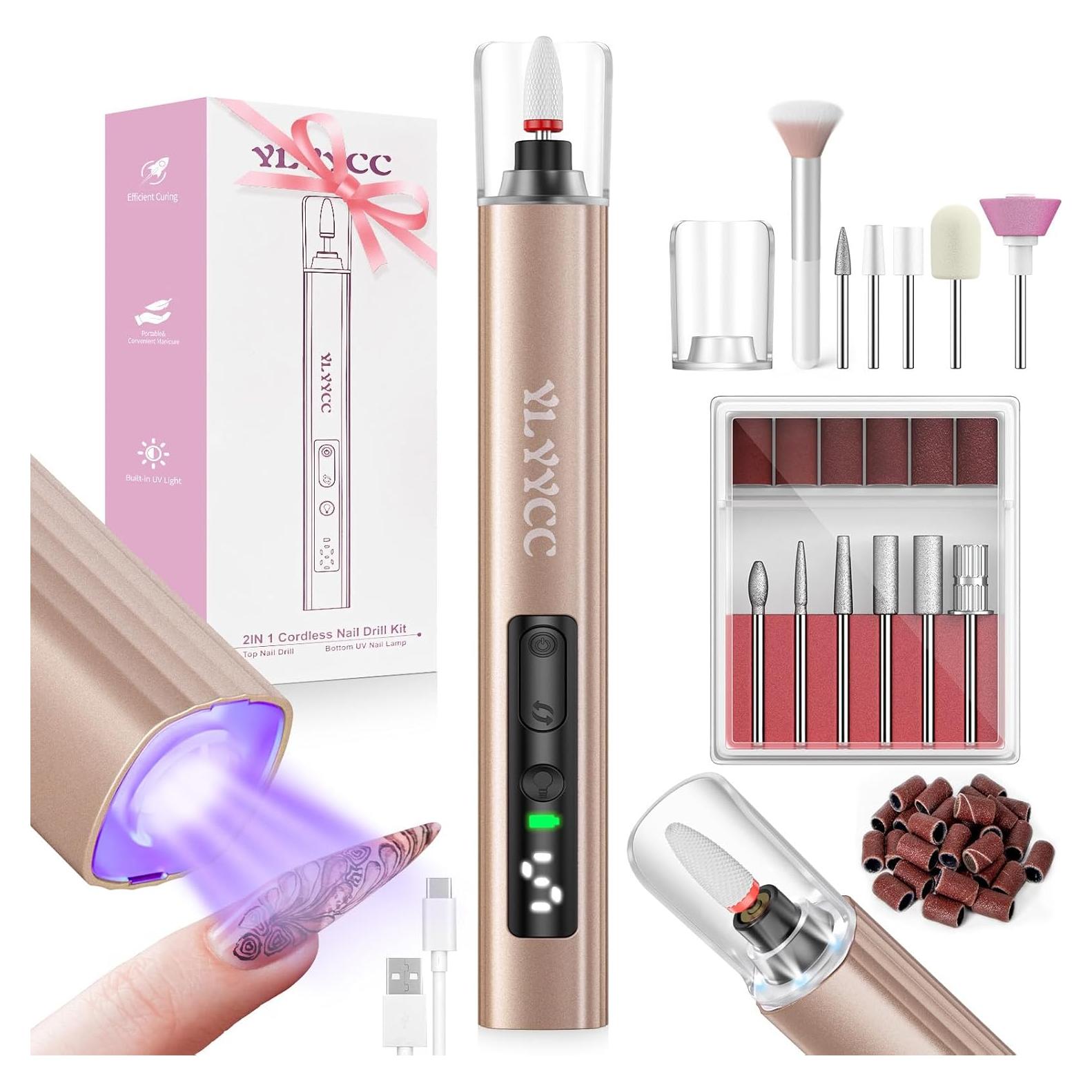 Taladro de Uñas Inalámbrico YLYYCC con Lámpara UV y 12 Brocas