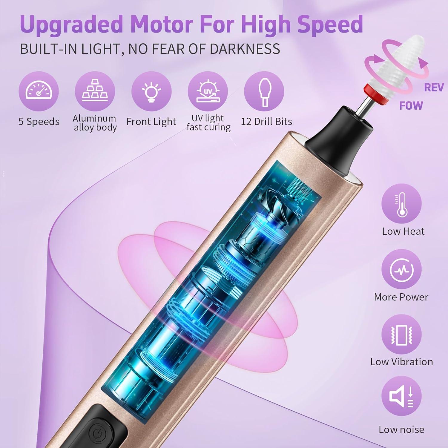 Taladro de Uñas Inalámbrico YLYYCC con Lámpara UV y 12 Brocas